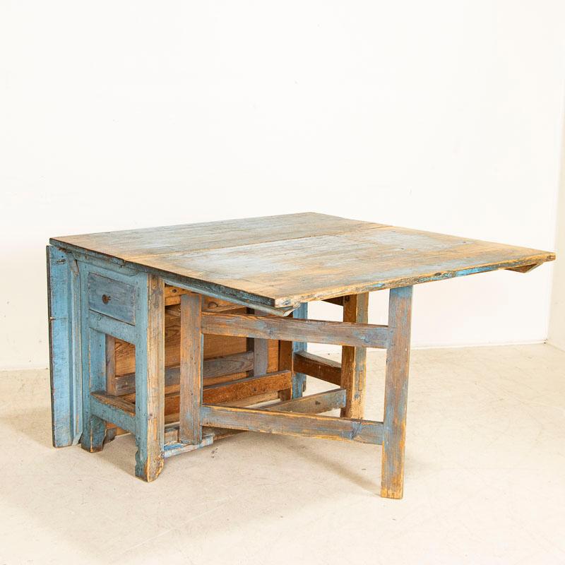 Original Blue Painted Antique Swedish Country Drop Leaf Table In Good Condition In Round Top, TX
