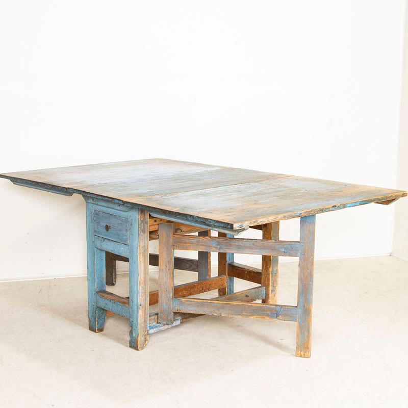 19th Century Original Blue Painted Antique Swedish Country Drop Leaf Table