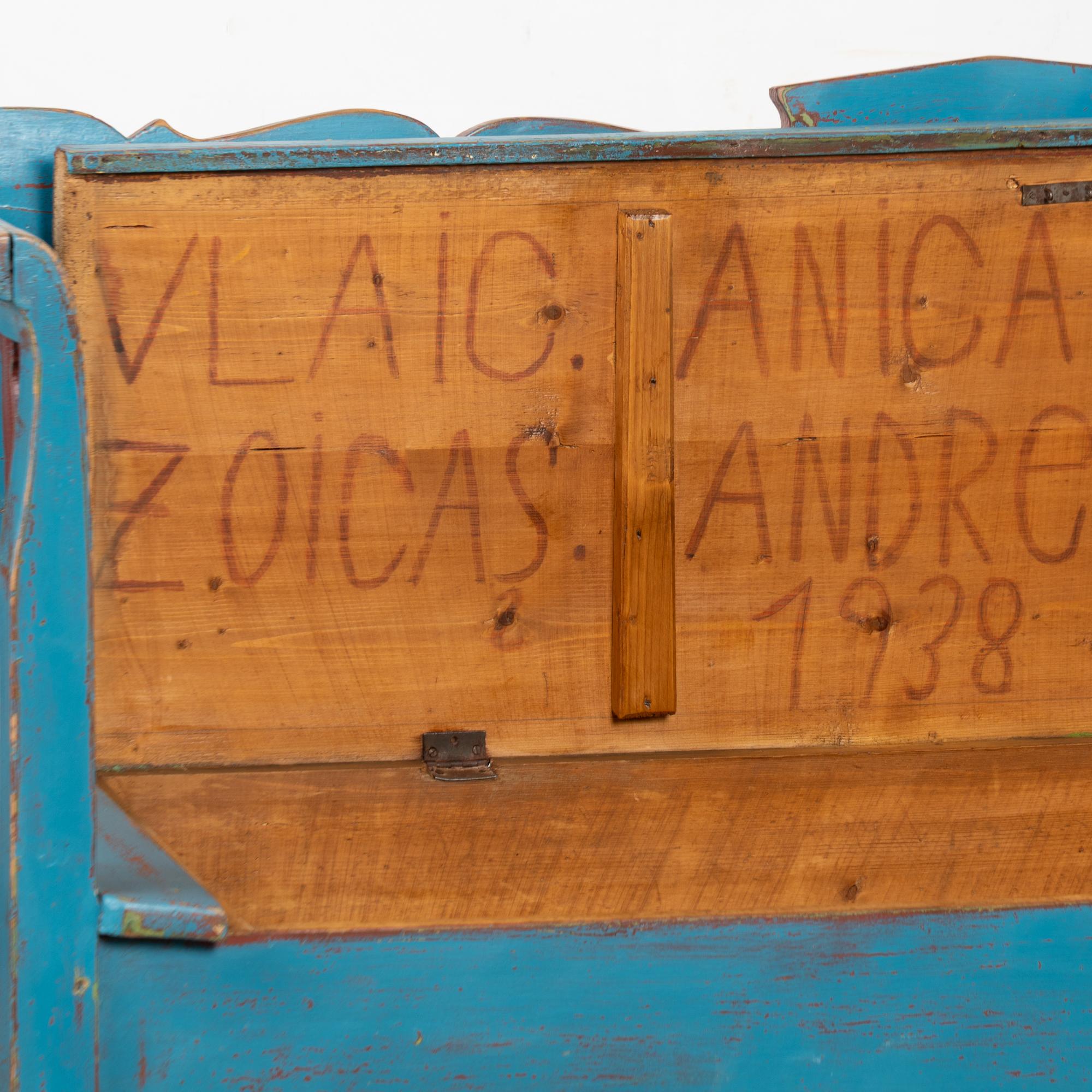 Original Blue Painted Bench with Storage, Hungary dated 1938 For Sale 4