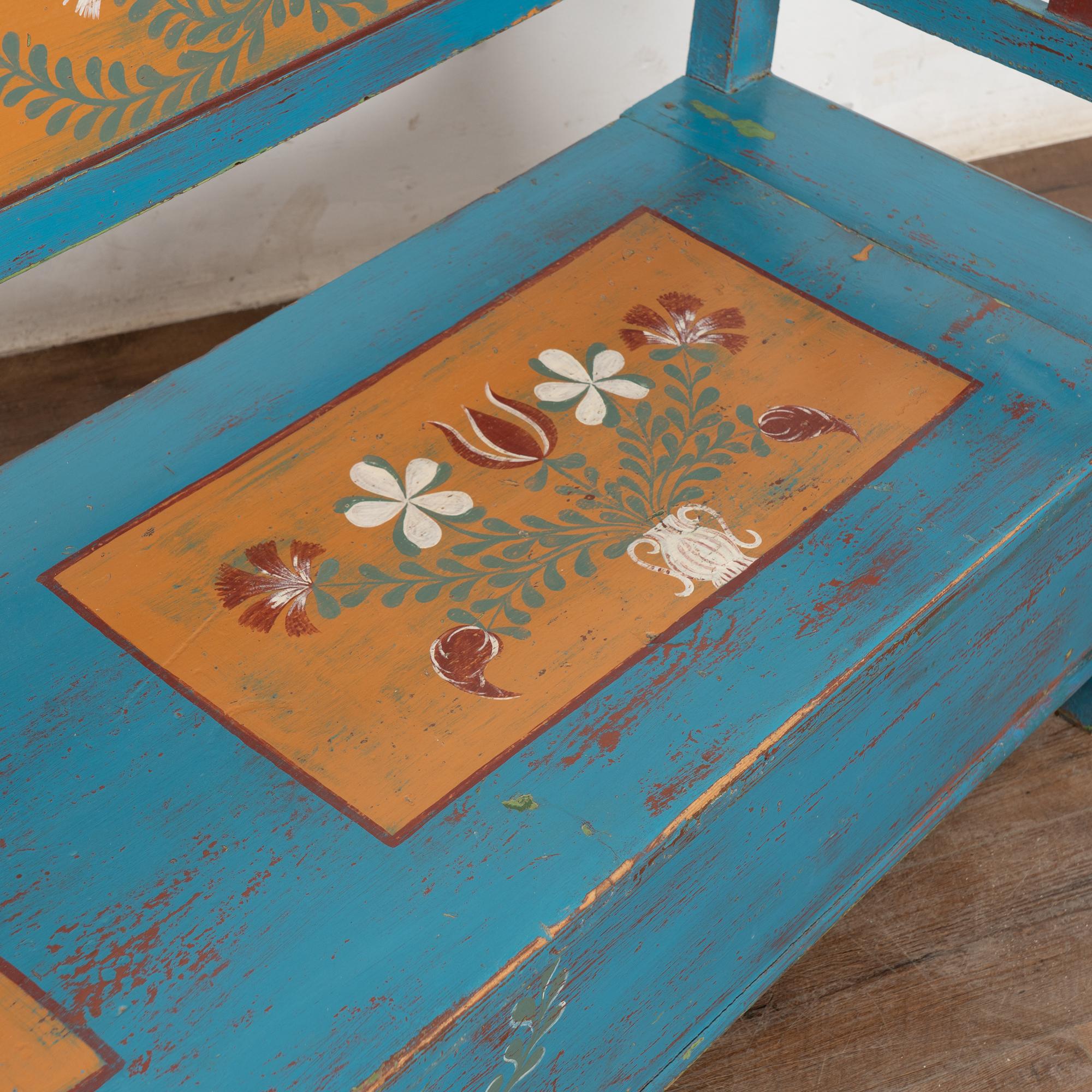 Original Blue Painted Bench with Storage, Hungary dated 1938 For Sale 6