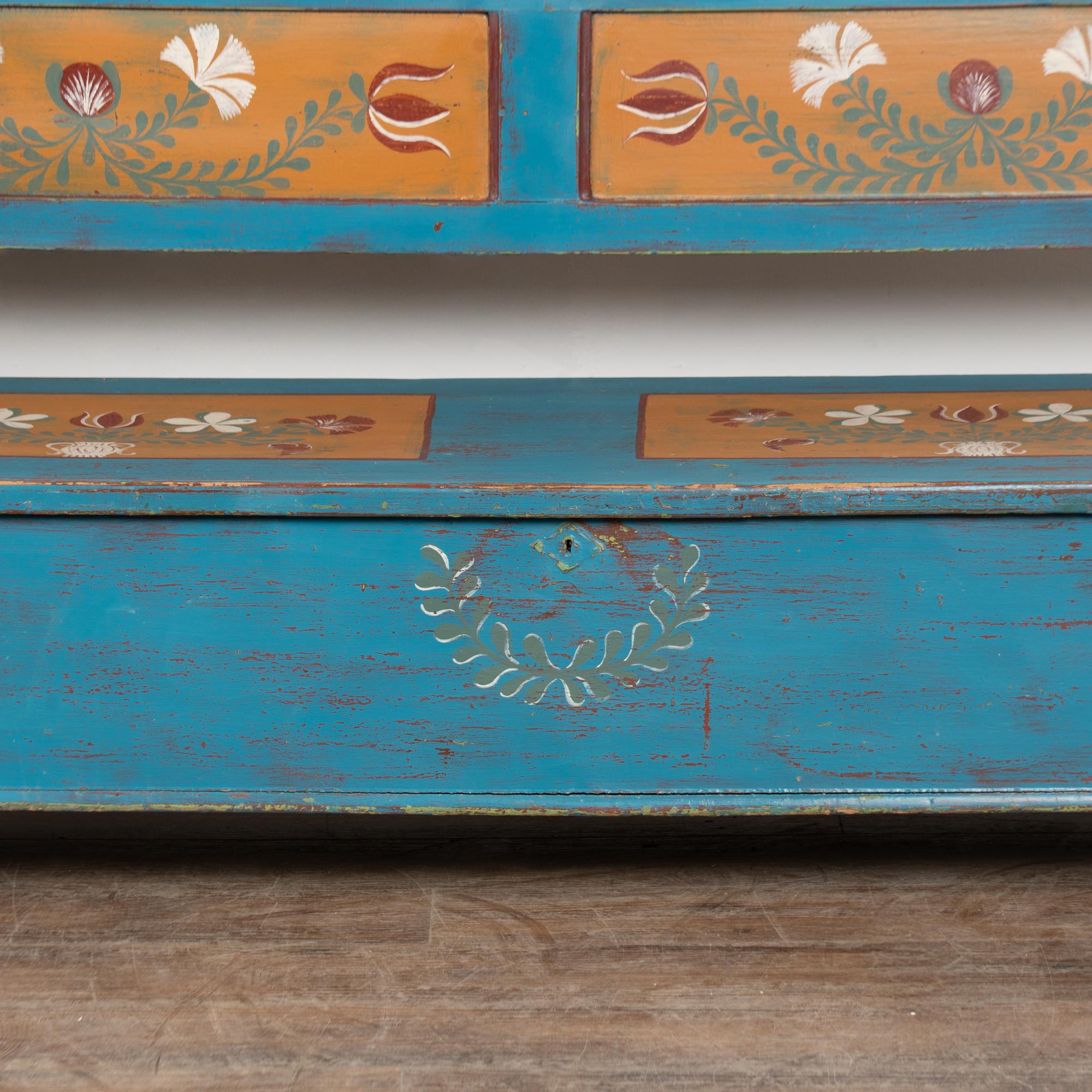 Original Blue Painted Bench with Storage, Hungary dated 1938 For Sale 7
