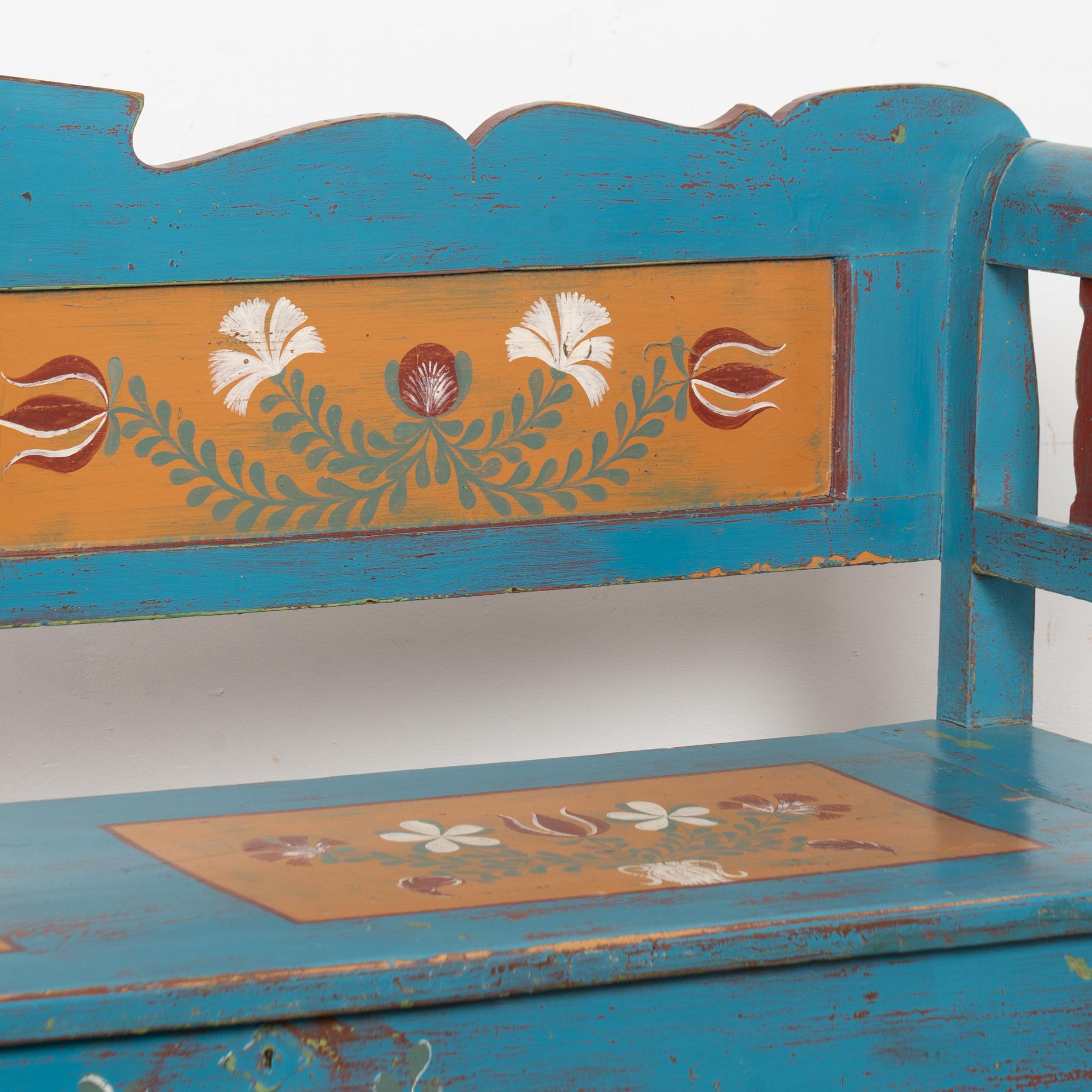 Original Blue Painted Bench with Storage, Hungary dated 1938 For Sale 9