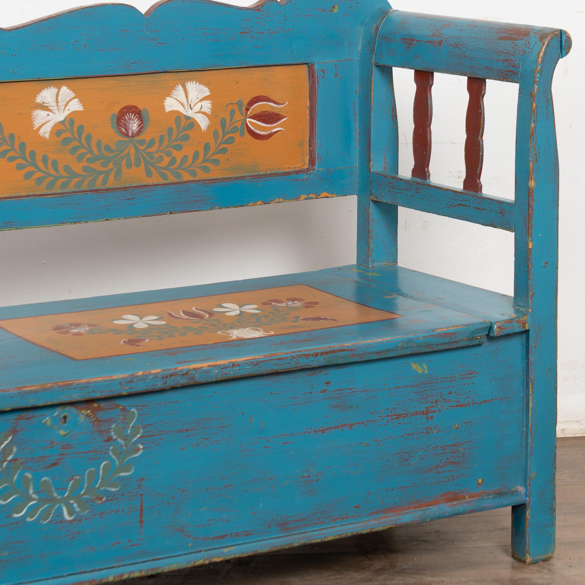 Original Blue Painted Bench with Storage, Hungary dated 1938 For Sale 10