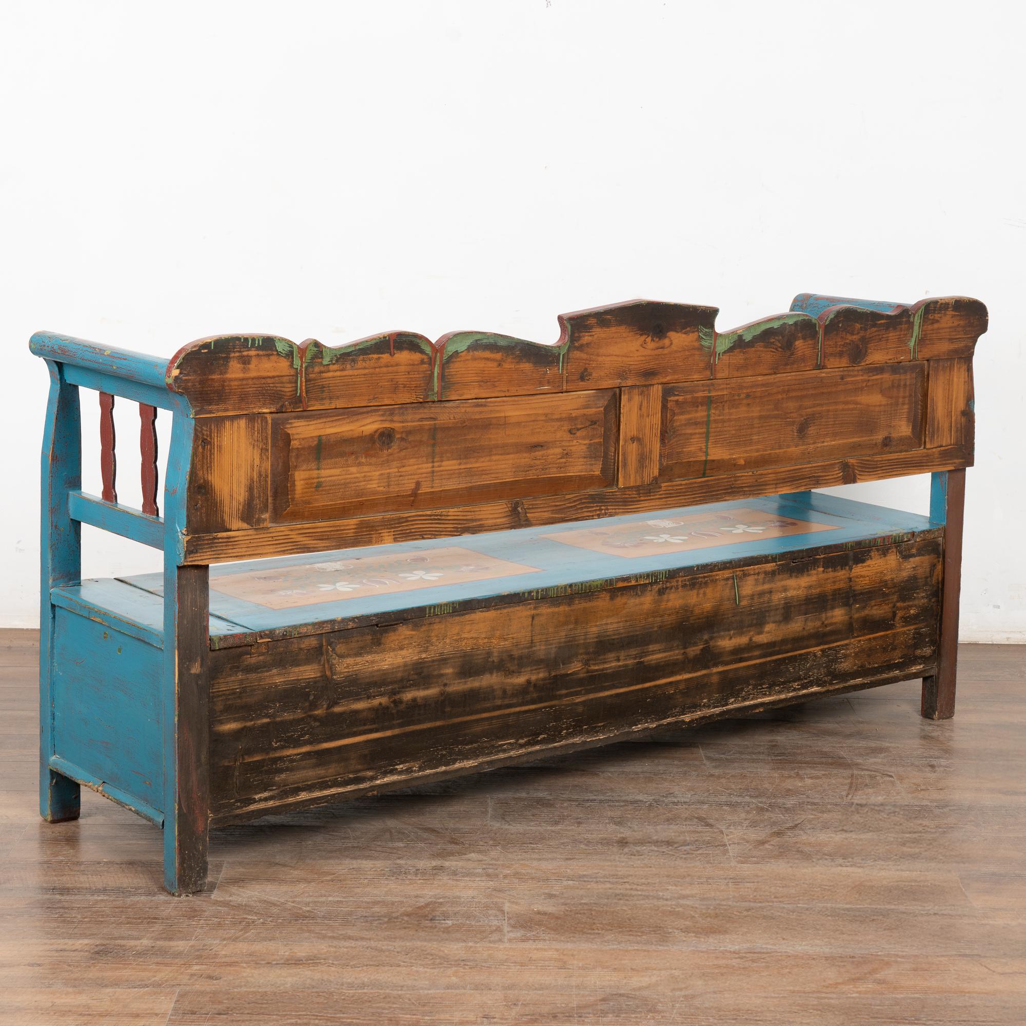 Original Blue Painted Bench with Storage, Hungary dated 1938 For Sale 11