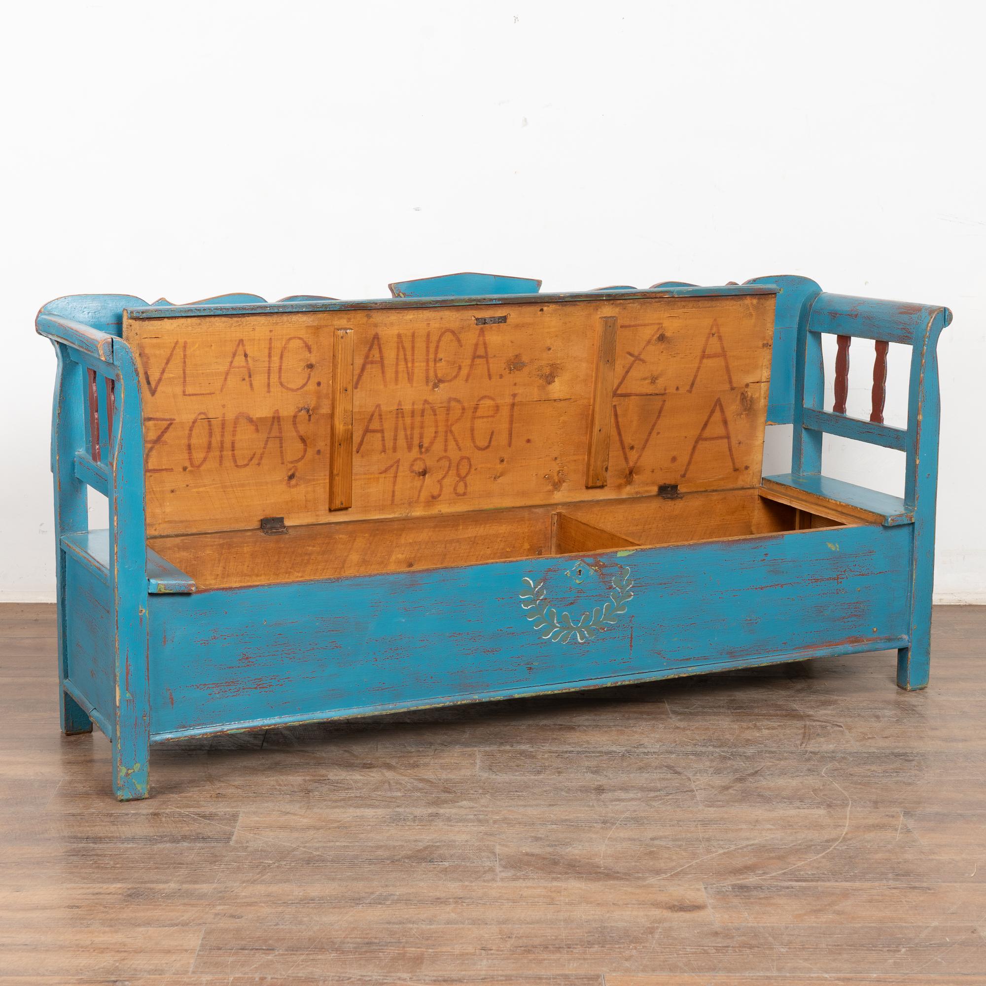 Folk Art Original Blue Painted Bench with Storage, Hungary dated 1938 For Sale