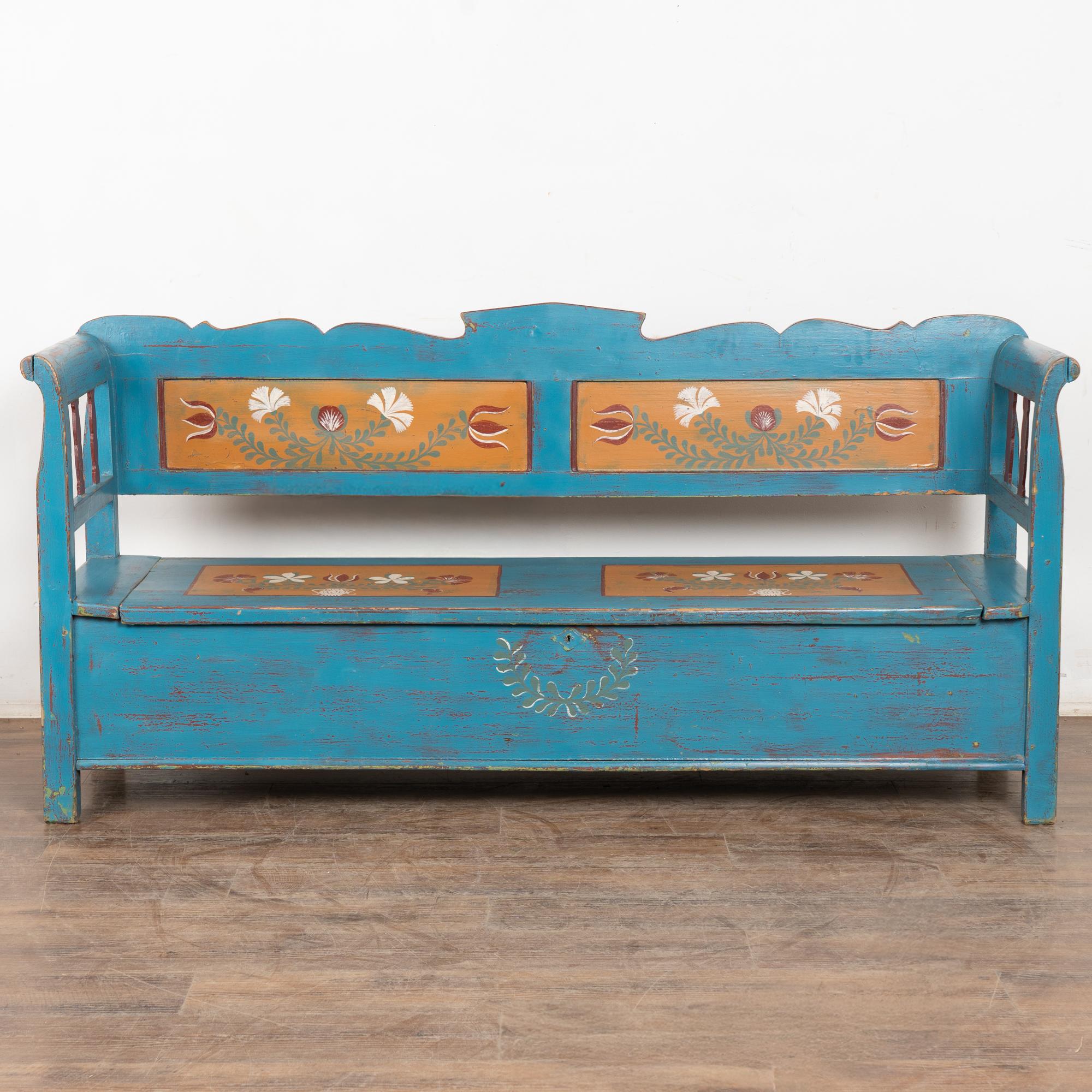 Hungarian Original Blue Painted Bench with Storage, Hungary dated 1938 For Sale