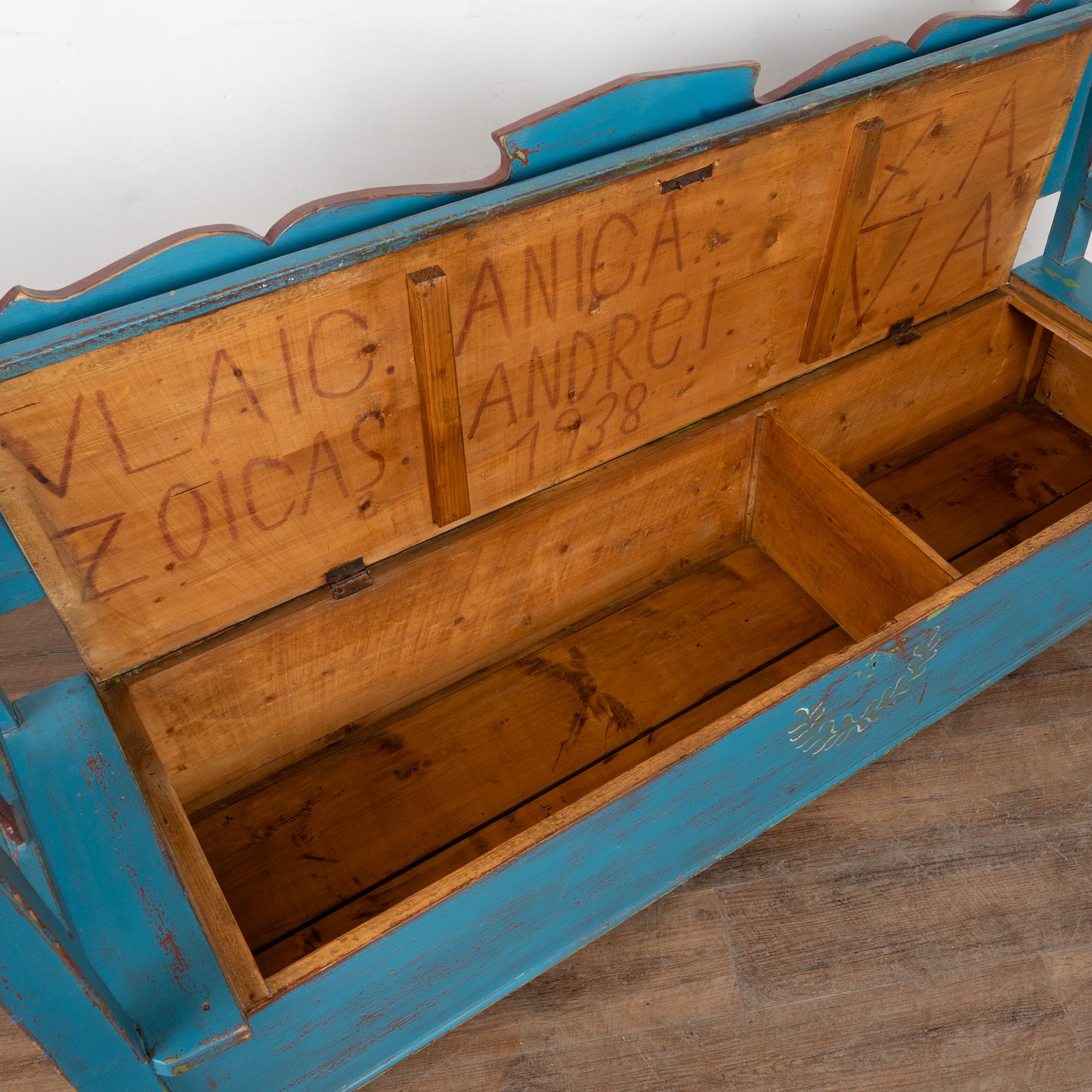 Original Blue Painted Bench with Storage, Hungary dated 1938 In Good Condition For Sale In Round Top, TX