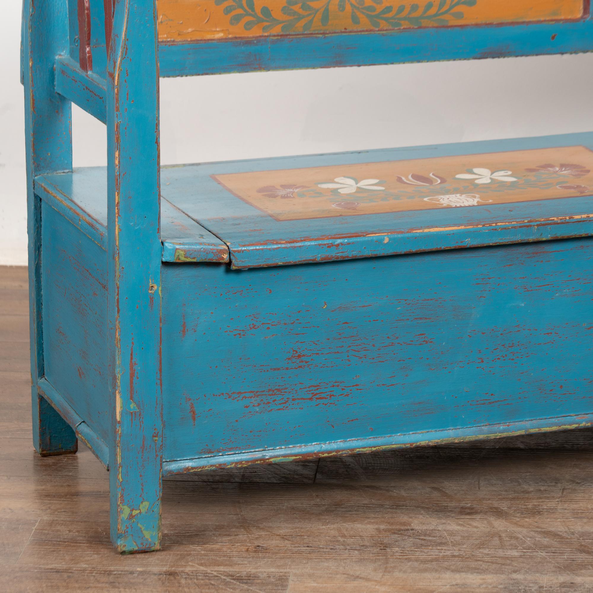 Pine Original Blue Painted Bench with Storage, Hungary dated 1938 For Sale