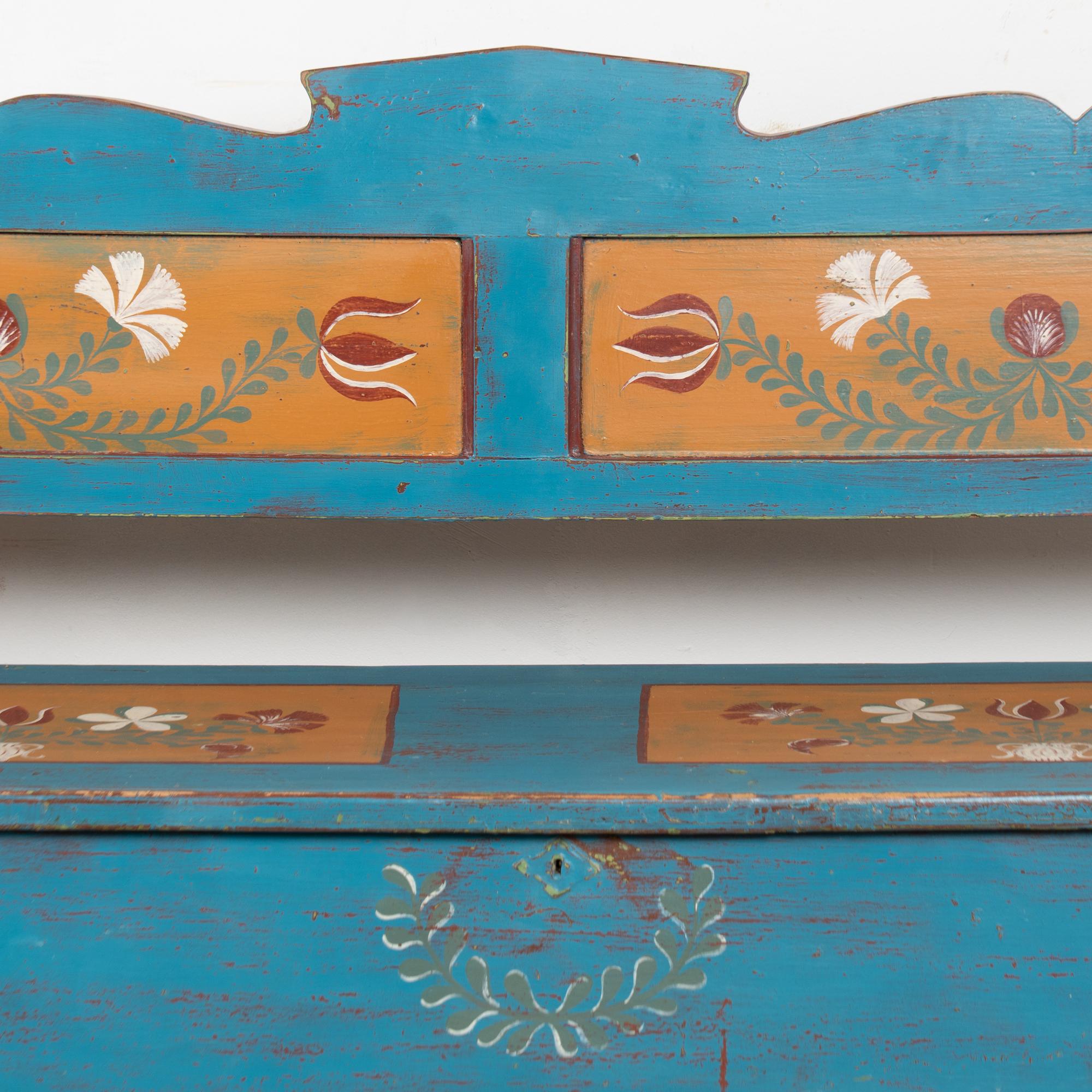 Original Blue Painted Bench with Storage, Hungary dated 1938 For Sale 1