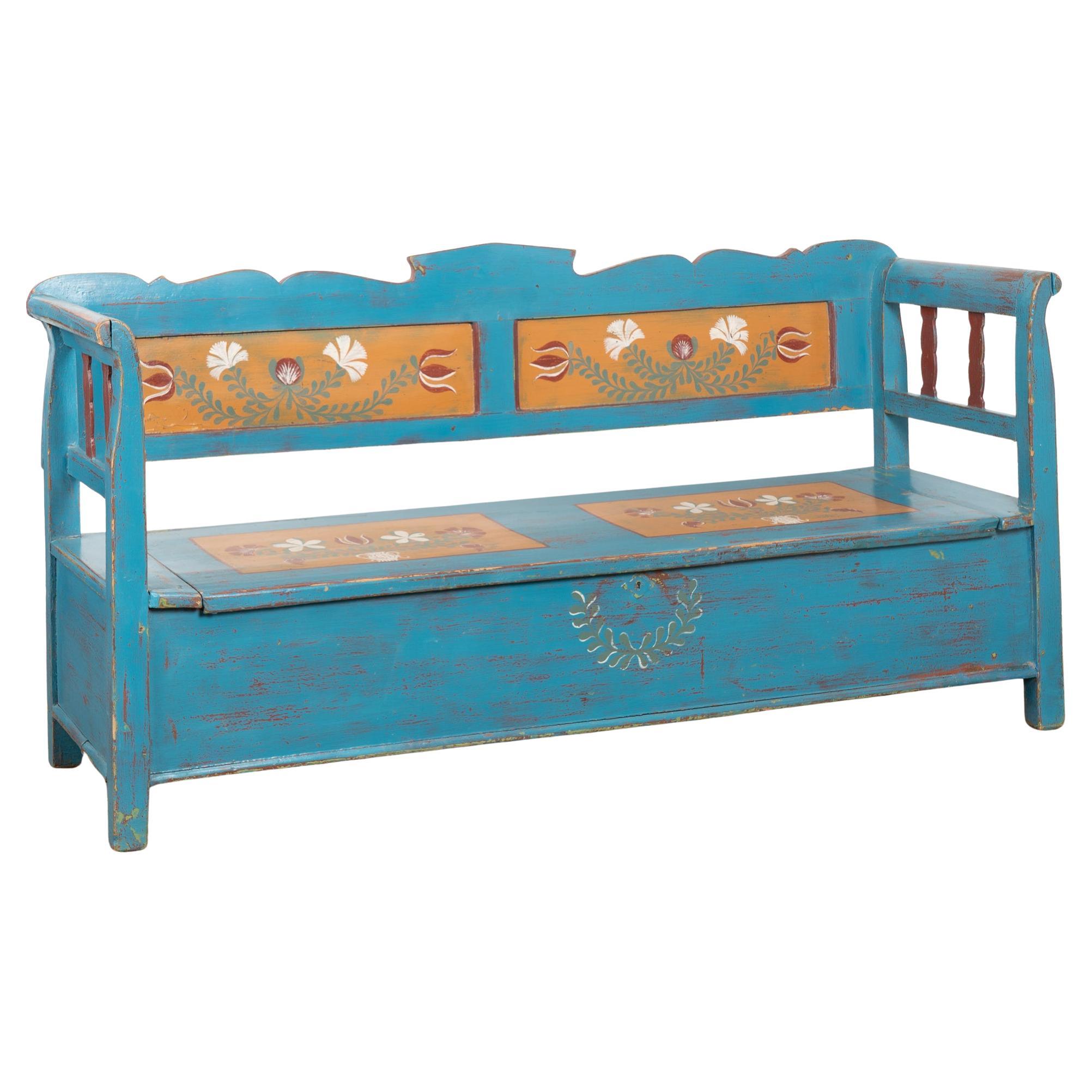 Original Blue Painted Bench with Storage, Hungary dated 1938 For Sale