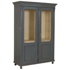 Antique Original Blue Painted Bookcase Display Cabinet from Sweden