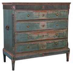 Original Blue Painted Chest of Five Drawers, Denmark circa 1820