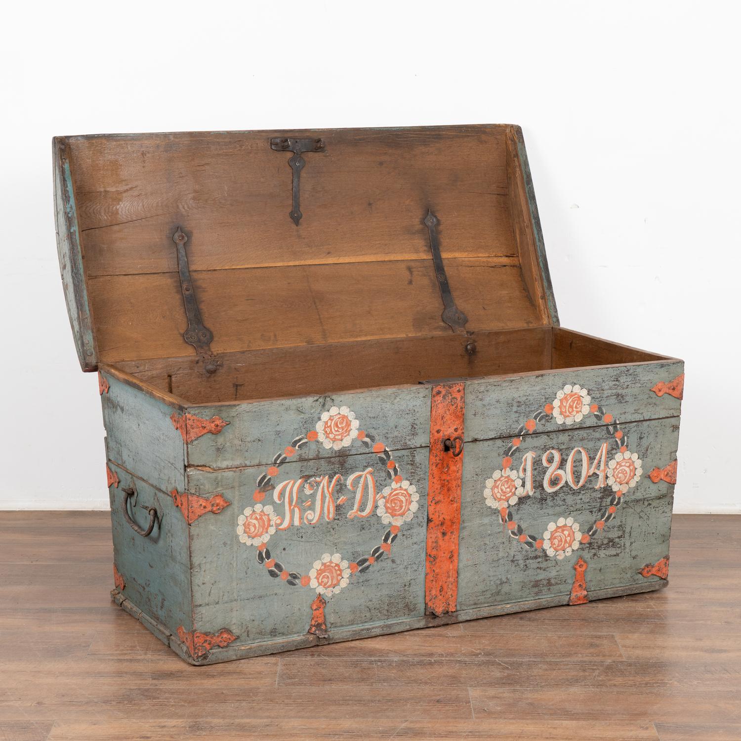 Folk Art Original Blue Painted Dome Top Trunk from Sweden dated 1804 For Sale