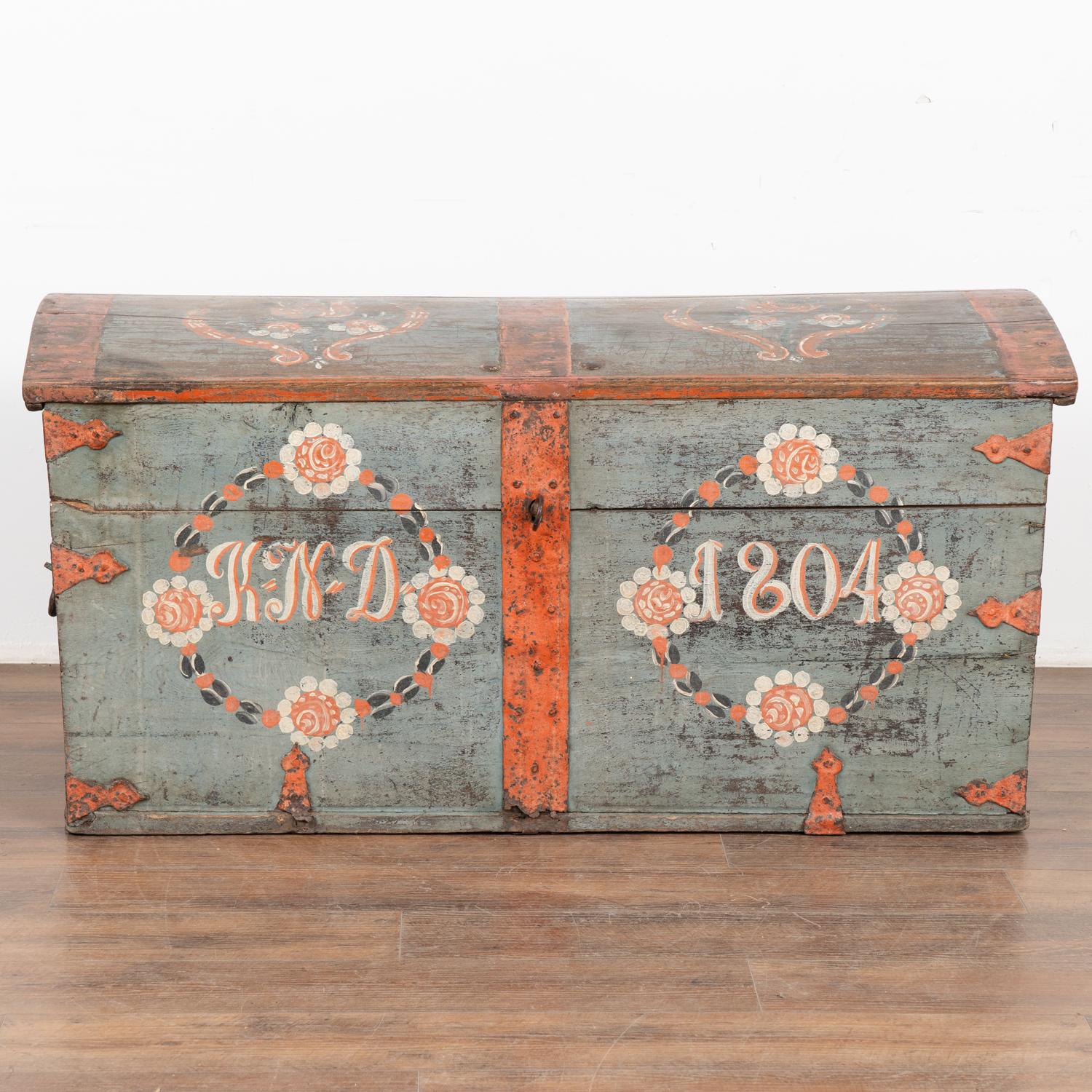 Original Blue Painted Dome Top Trunk from Sweden dated 1804 In Good Condition For Sale In Round Top, TX