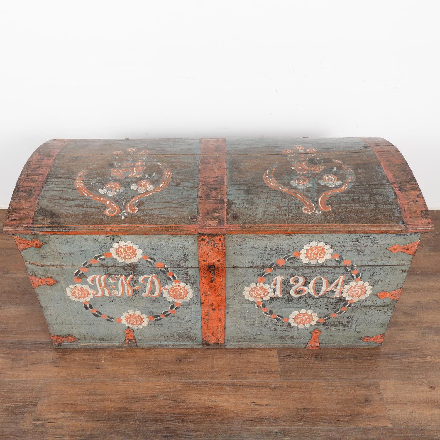 19th Century Original Blue Painted Dome Top Trunk from Sweden dated 1804 For Sale
