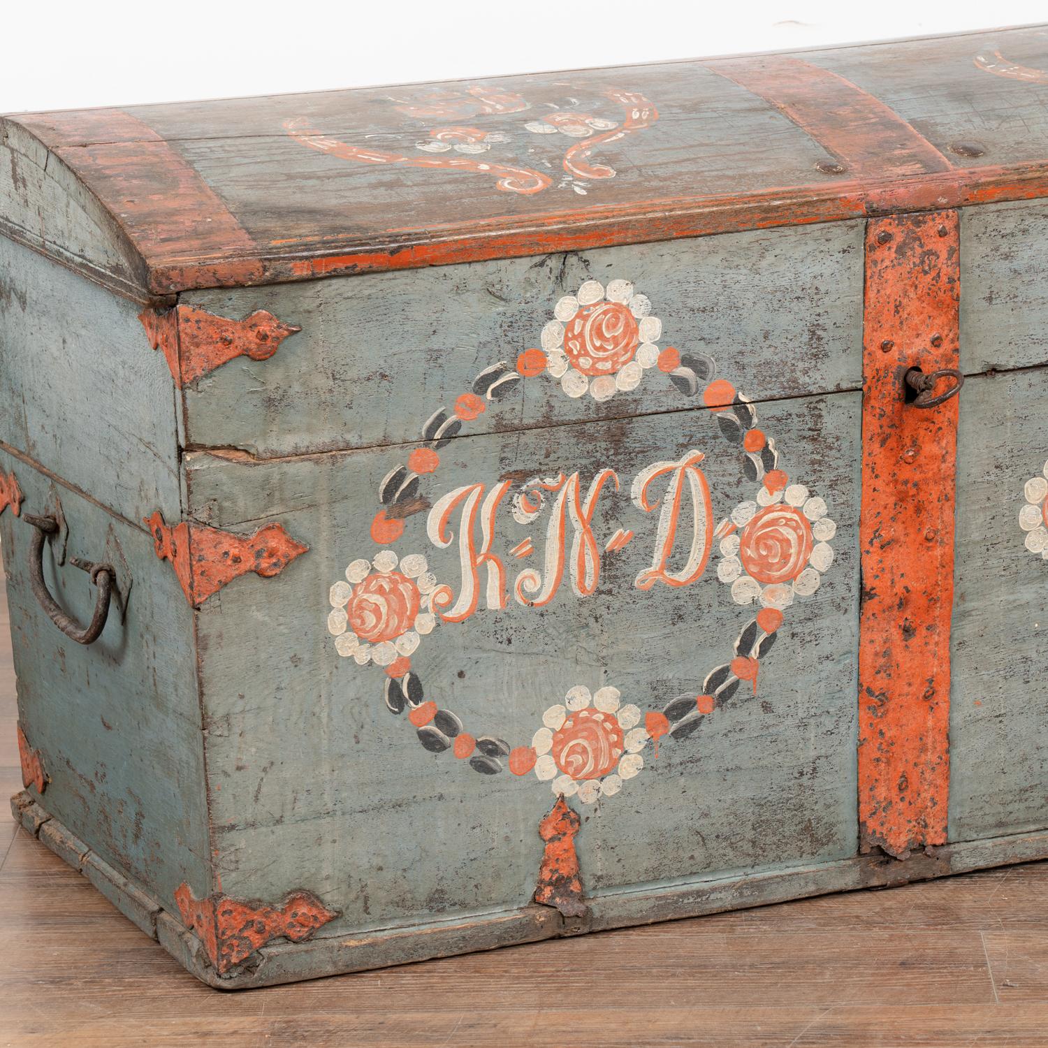 Wrought Iron Original Blue Painted Dome Top Trunk from Sweden dated 1804 For Sale