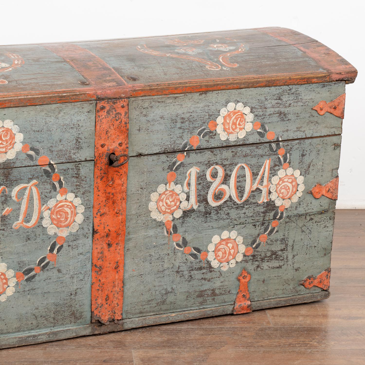 Original Blue Painted Dome Top Trunk from Sweden dated 1804 For Sale 1