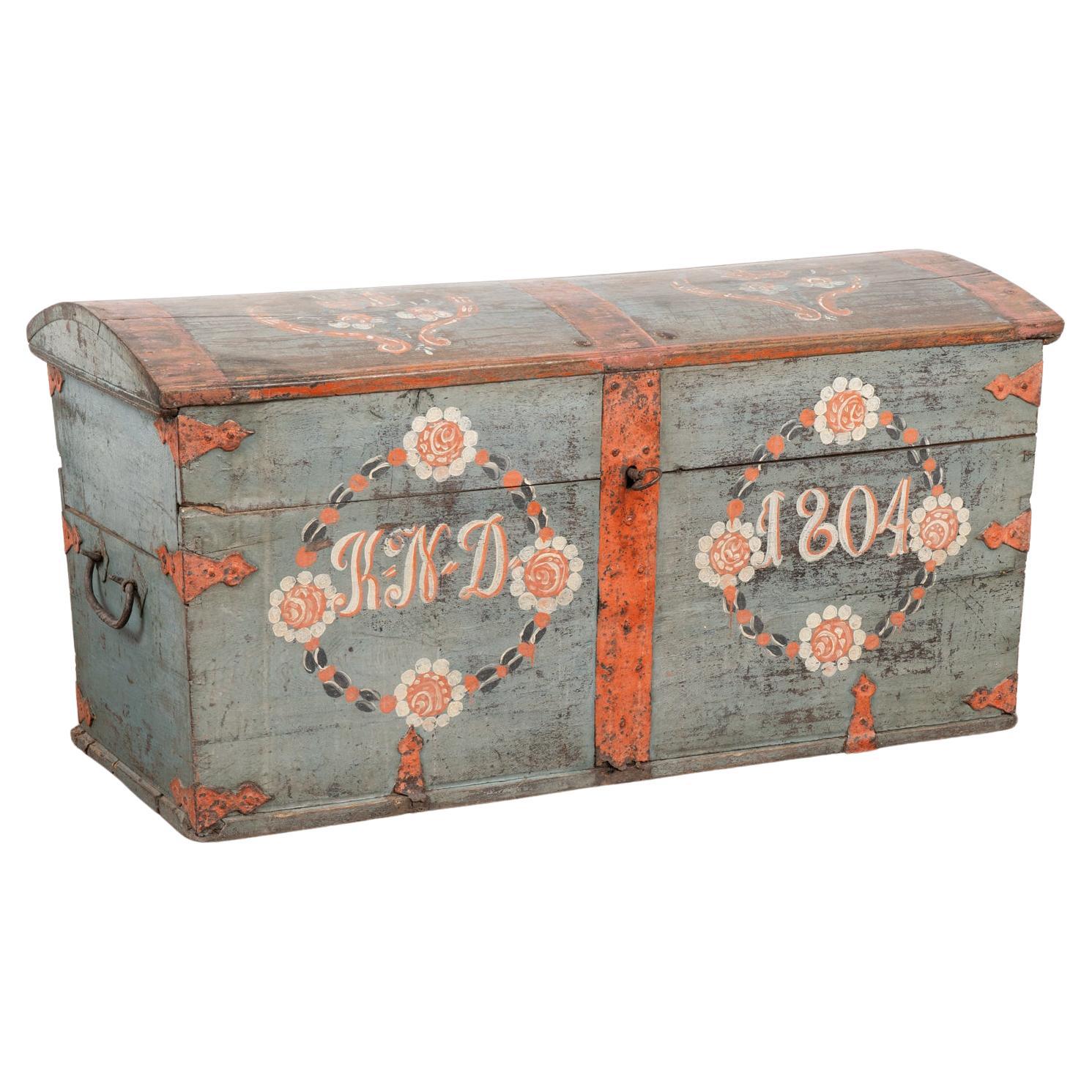 Original Blue Painted Dome Top Trunk from Sweden dated 1804