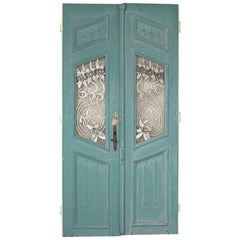 Original Blue Painted Doors with Decorative Iron Flowers and Scroll, Pair