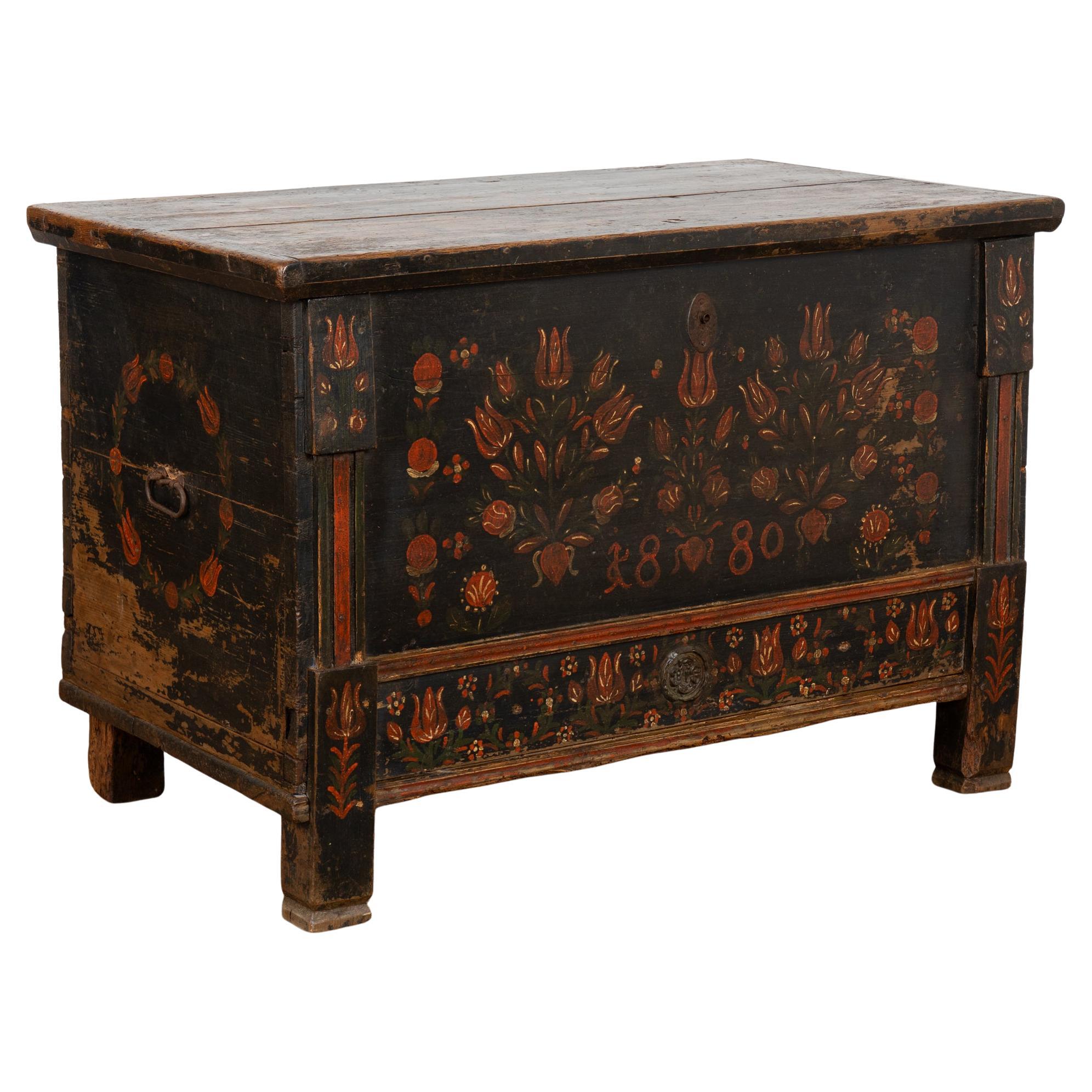 Malle originale en pin peint en bleu datant de 1880 en vente