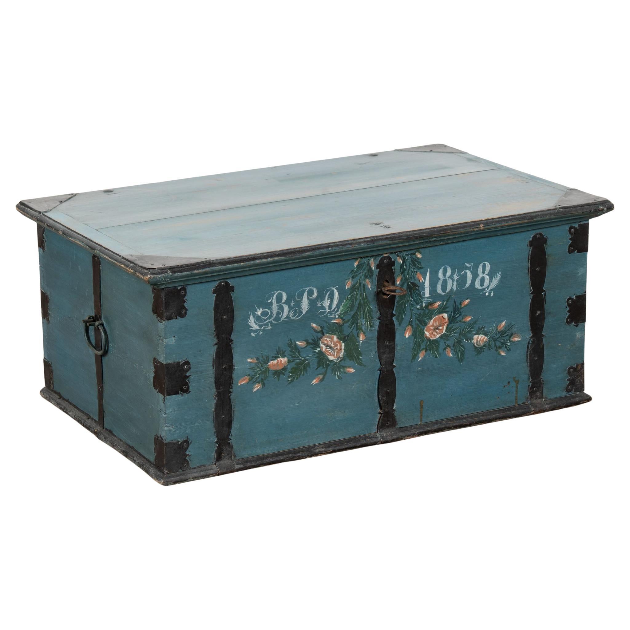 Original Blue Painted Flat Top Trunk dated 1858