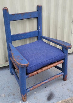 Original Blue Painted Ladder Back Child's Chair W/ Linen Seat Cushion