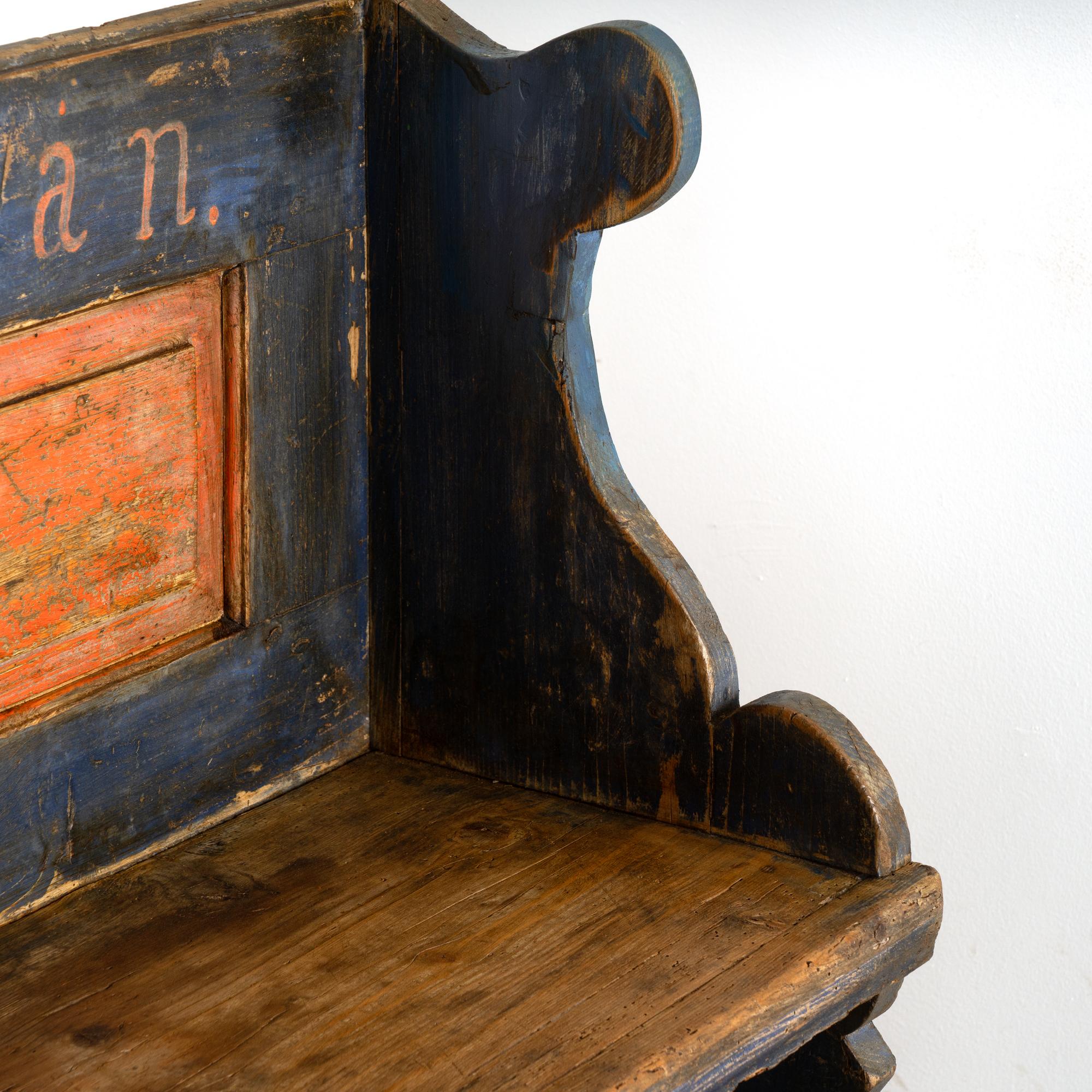 Original Blue Painted Narrow Pine Bench, Hungary dated 1885 For Sale 4