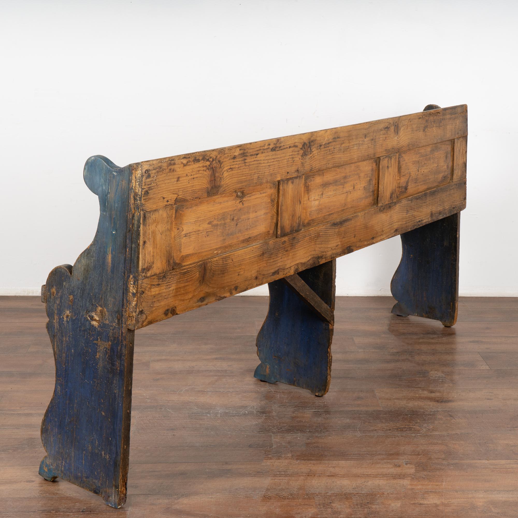 Original Blue Painted Narrow Pine Bench, Hungary dated 1885 For Sale 6