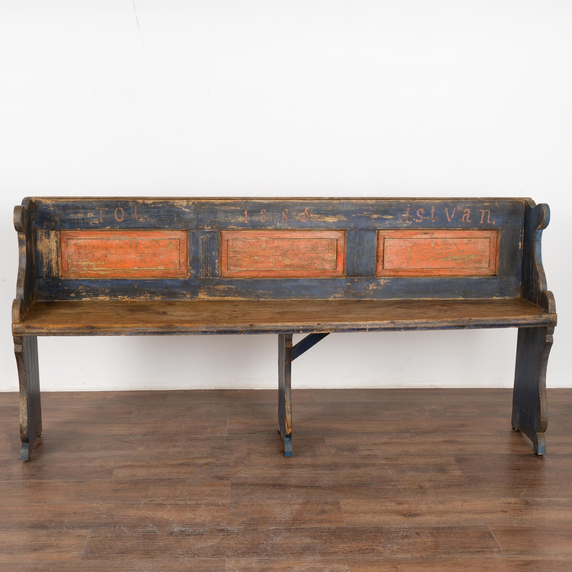 Country Original Blue Painted Narrow Pine Bench, Hungary dated 1885 For Sale