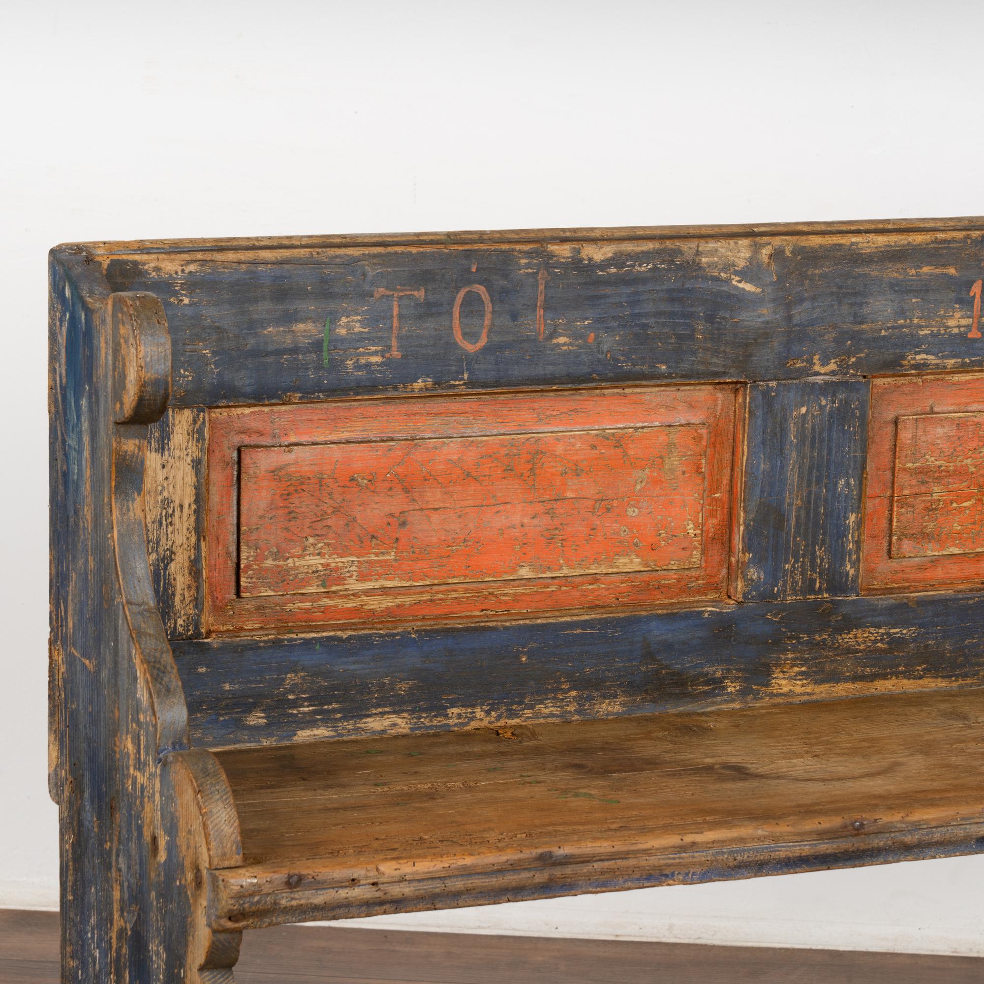 Hungarian Original Blue Painted Narrow Pine Bench, Hungary dated 1885 For Sale