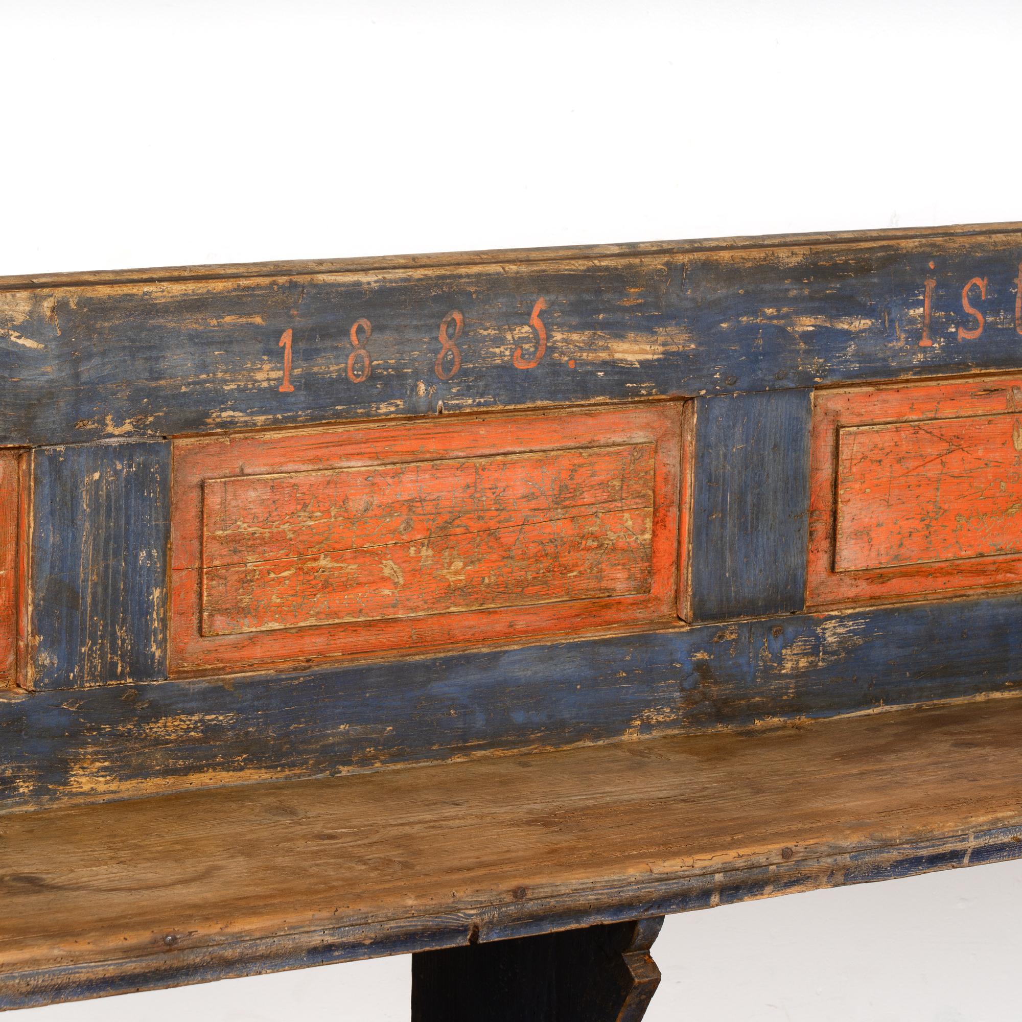 Original Blue Painted Narrow Pine Bench, Hungary dated 1885 In Good Condition For Sale In Round Top, TX