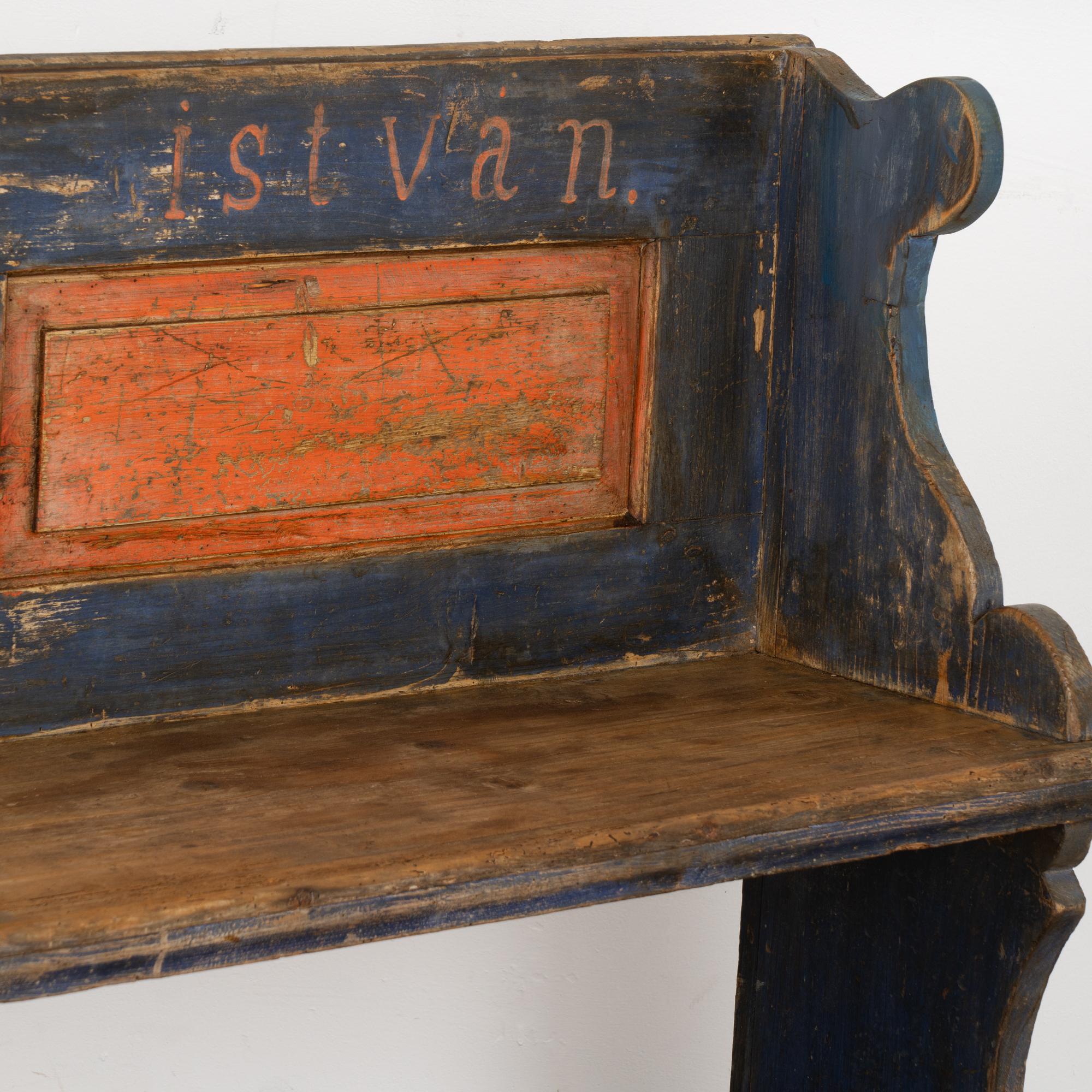19th Century Original Blue Painted Narrow Pine Bench, Hungary dated 1885 For Sale
