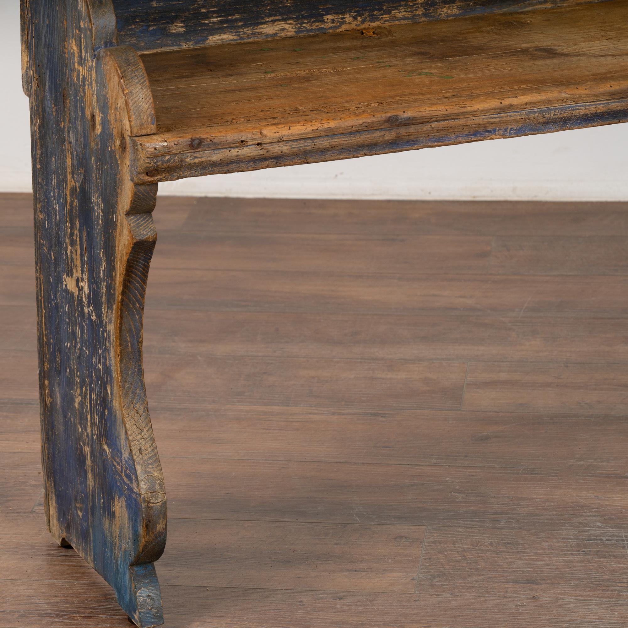 Original Blue Painted Narrow Pine Bench, Hungary dated 1885 For Sale 2