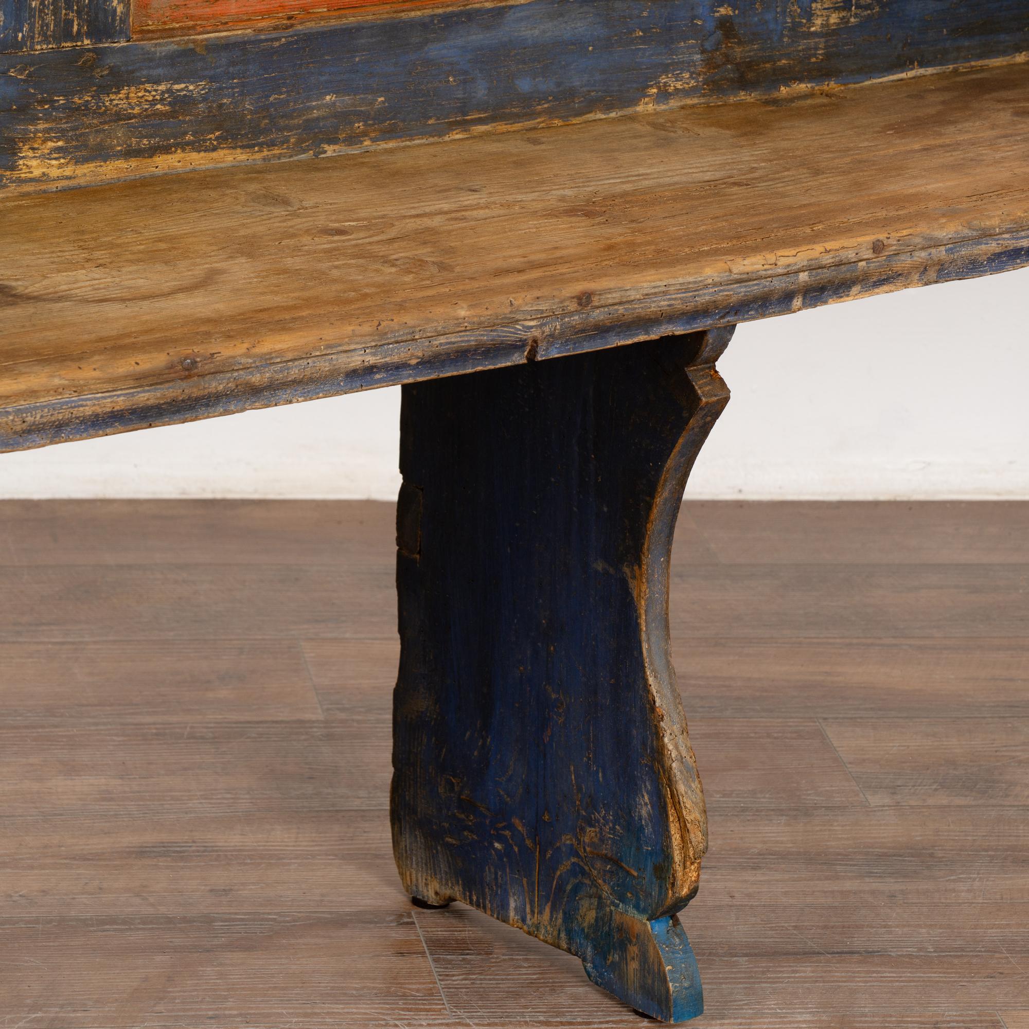 Original Blue Painted Narrow Pine Bench, Hungary dated 1885 For Sale 3