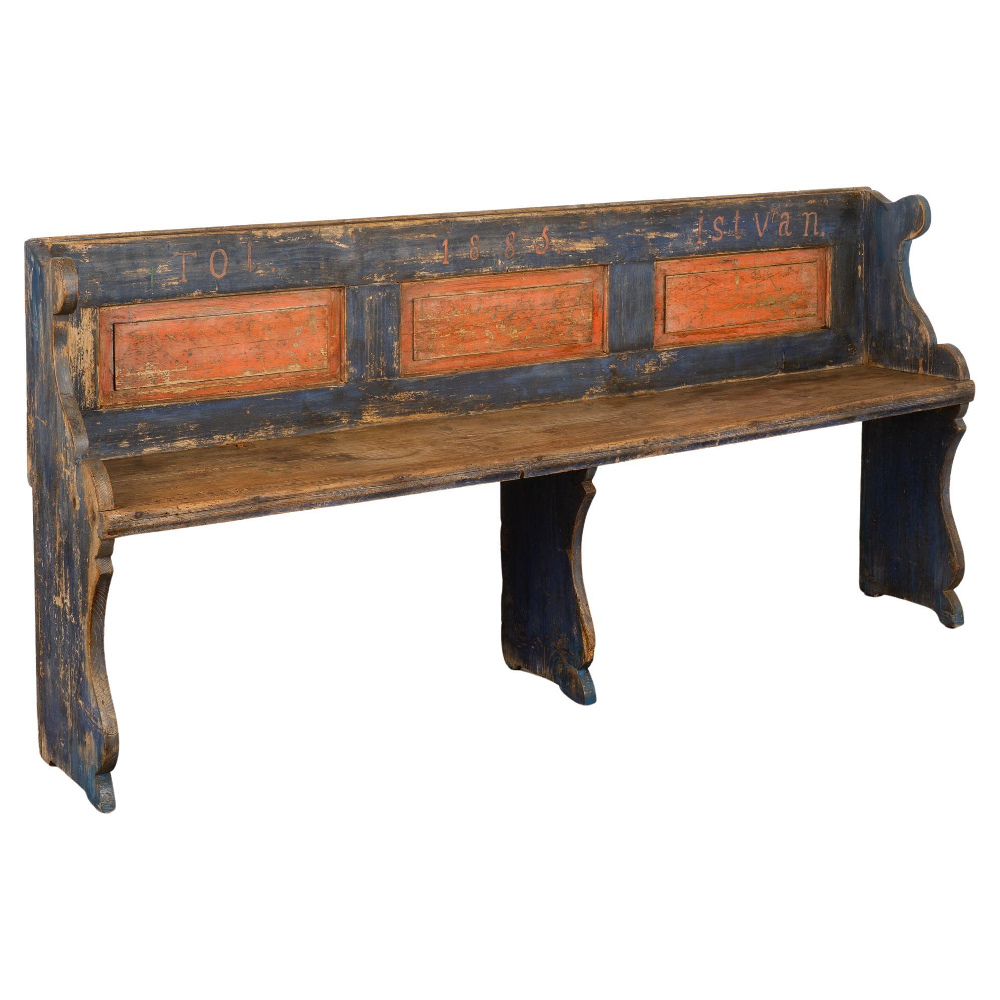 Original Blue Painted Narrow Pine Bench, Hungary dated 1885 For Sale