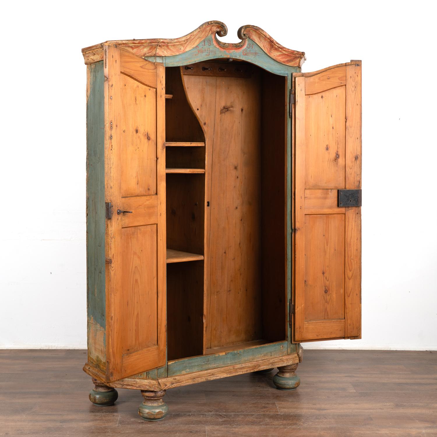 Folk Art Original Blue Painted Pine Armoire, dated 1835 For Sale