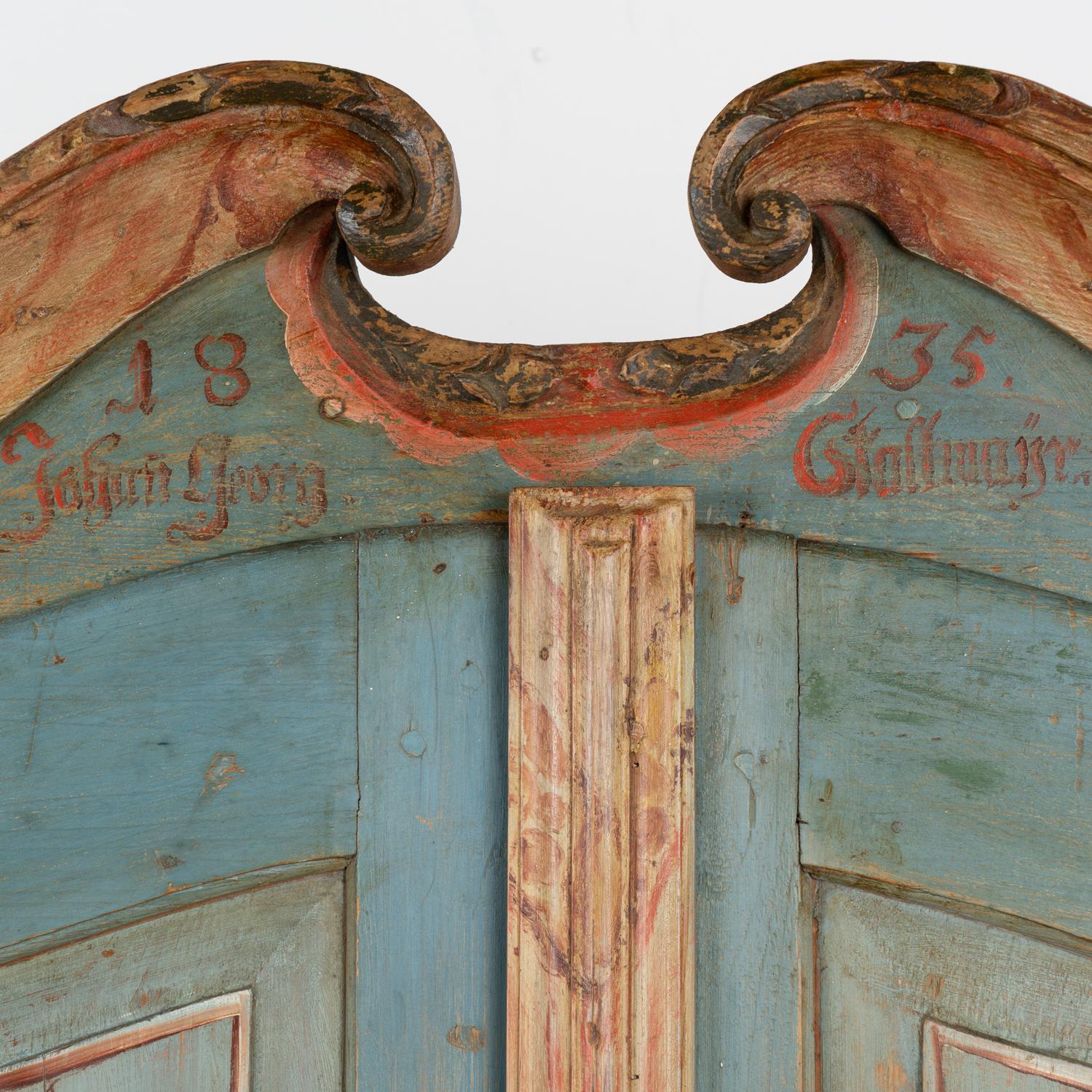 Original Blue Painted Pine Armoire, dated 1835 In Good Condition For Sale In Round Top, TX