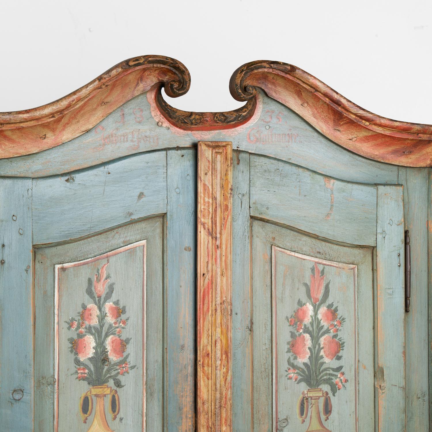 19th Century Original Blue Painted Pine Armoire, dated 1835 For Sale