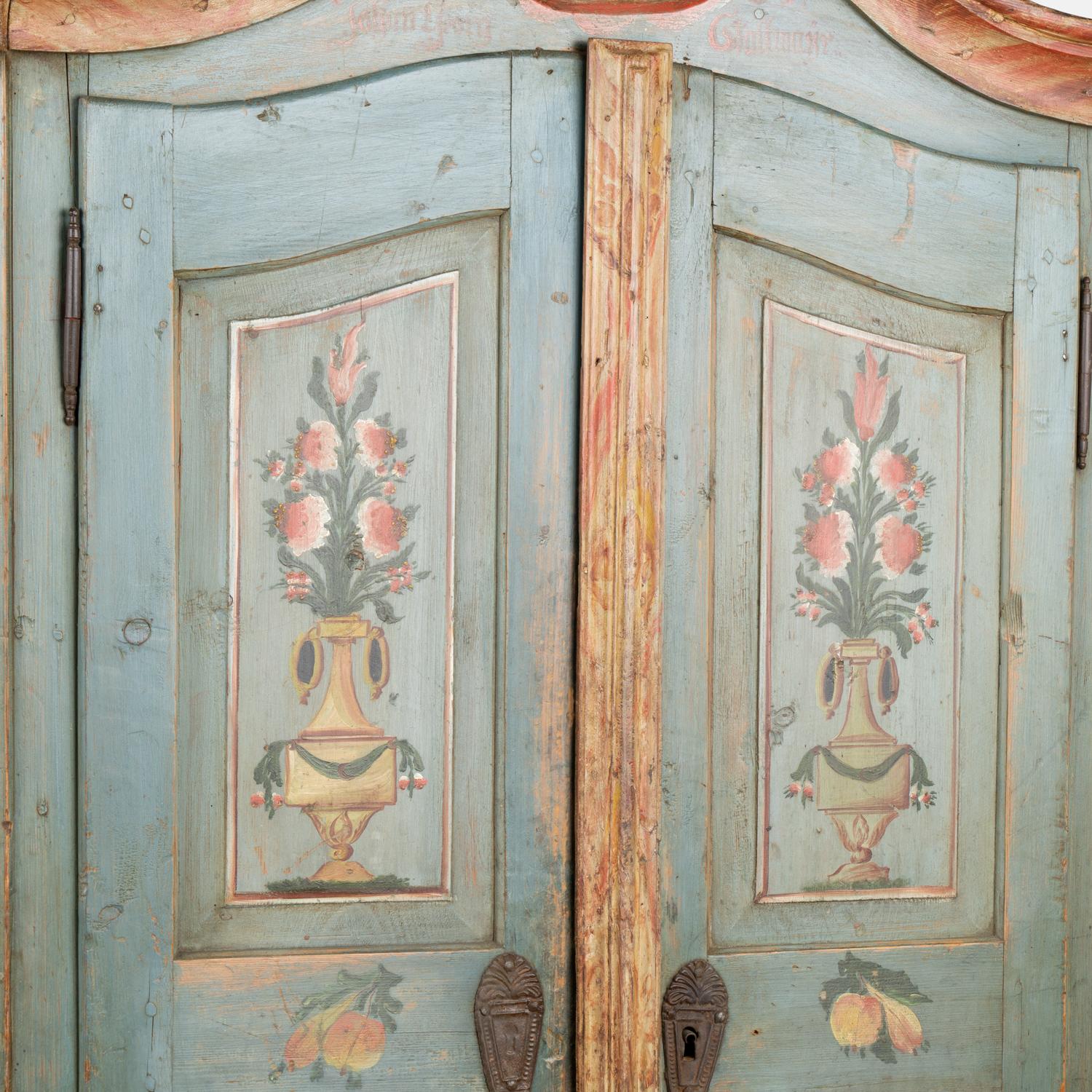 Original Blue Painted Pine Armoire, dated 1835 For Sale 2