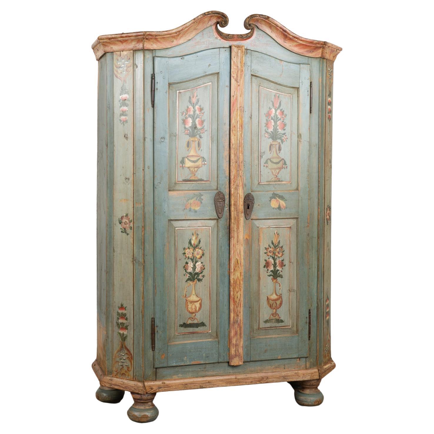 Original Blue Painted Pine Armoire, dated 1835 For Sale