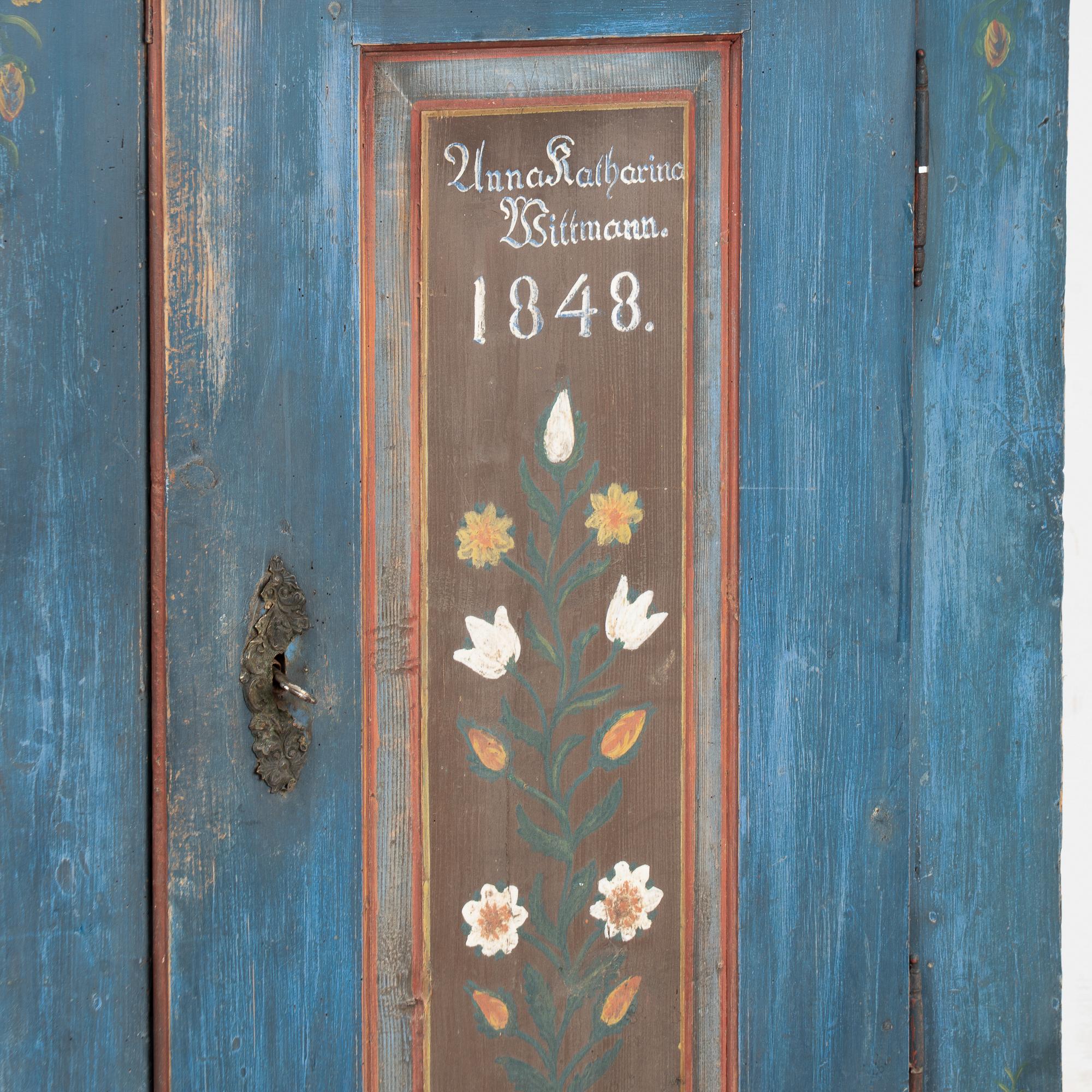 Original Blue Painted Pine Cupboard Dated 1848 For Sale 4
