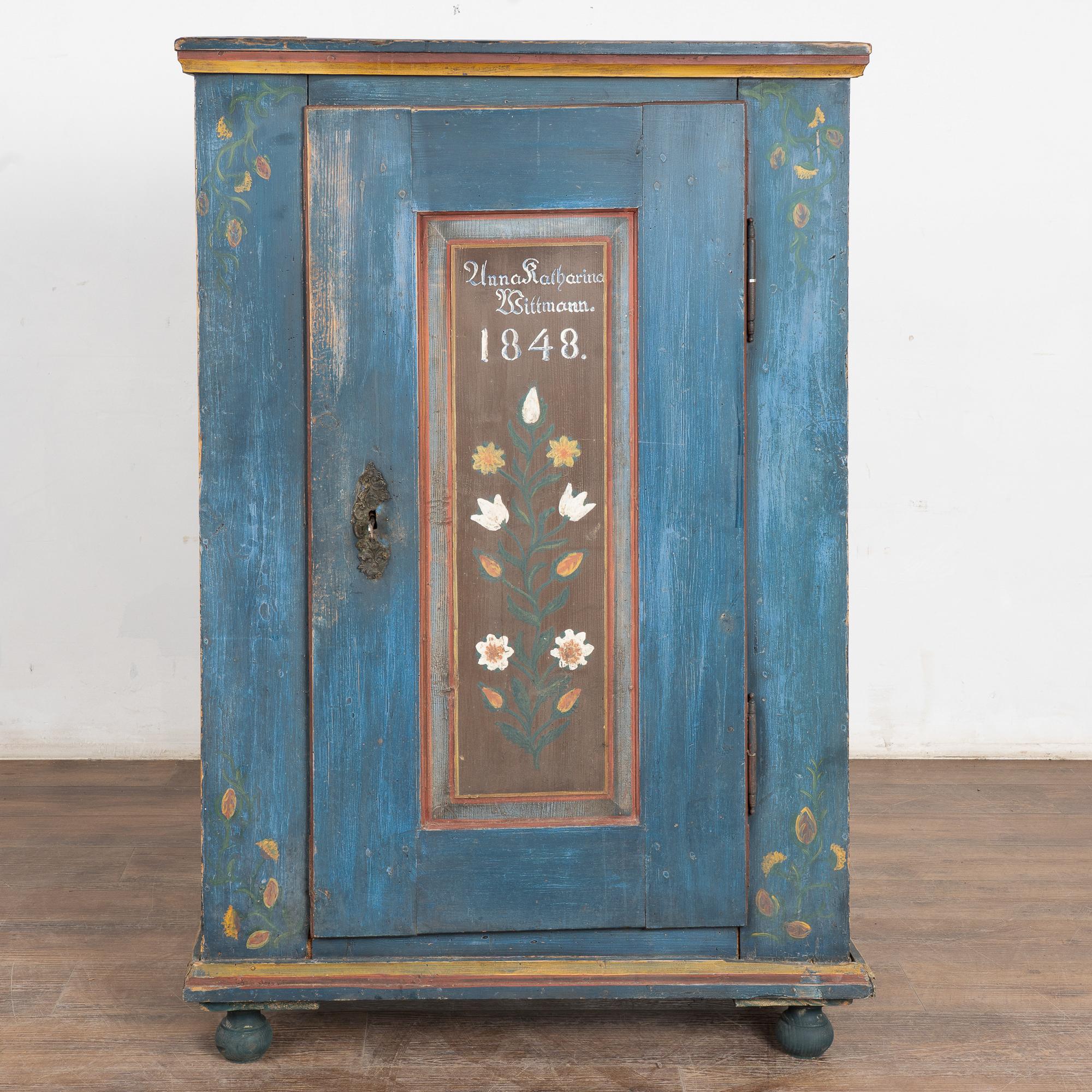 Hungarian Original Blue Painted Pine Cupboard Dated 1848 For Sale