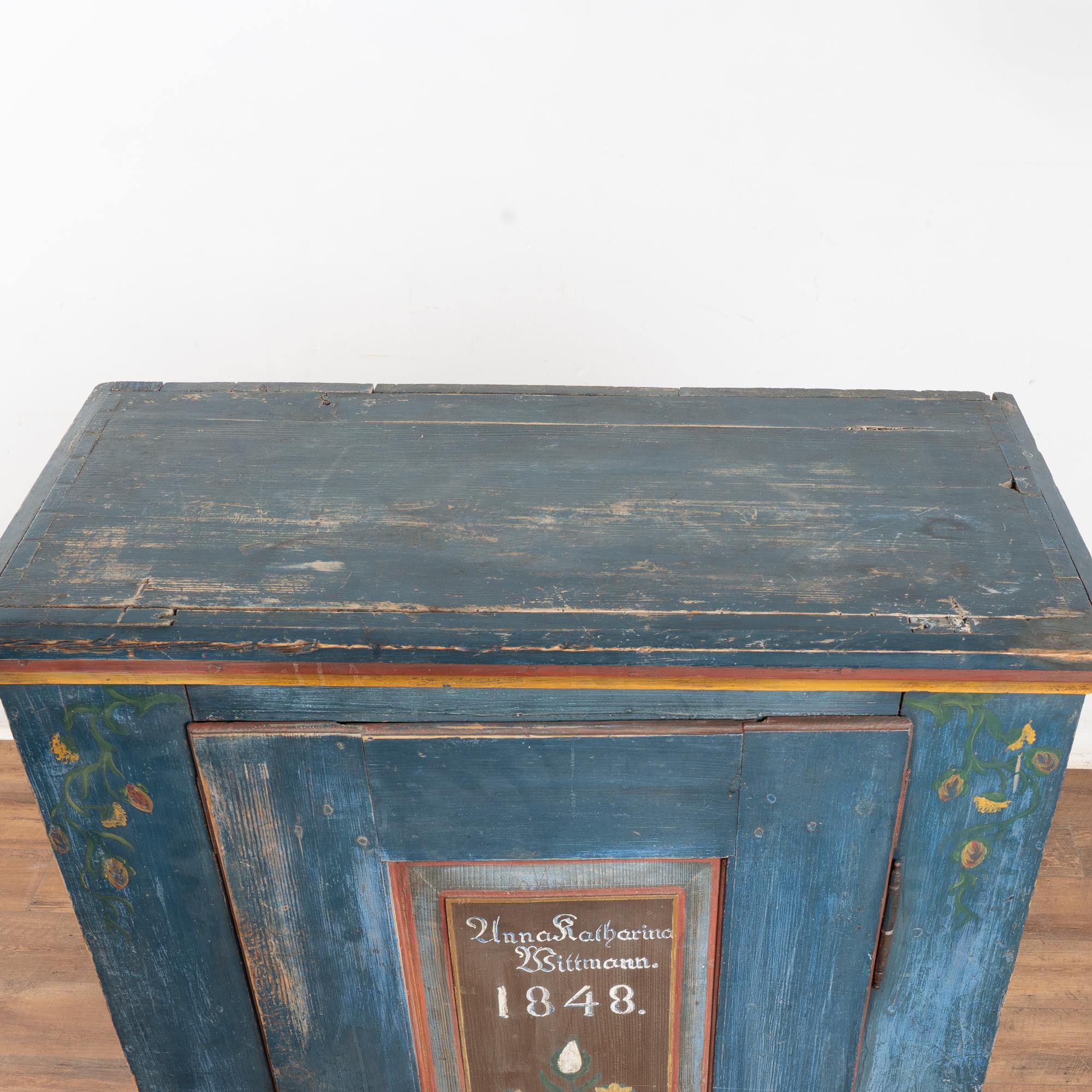 Original Blue Painted Pine Cupboard Dated 1848 In Fair Condition For Sale In Round Top, TX