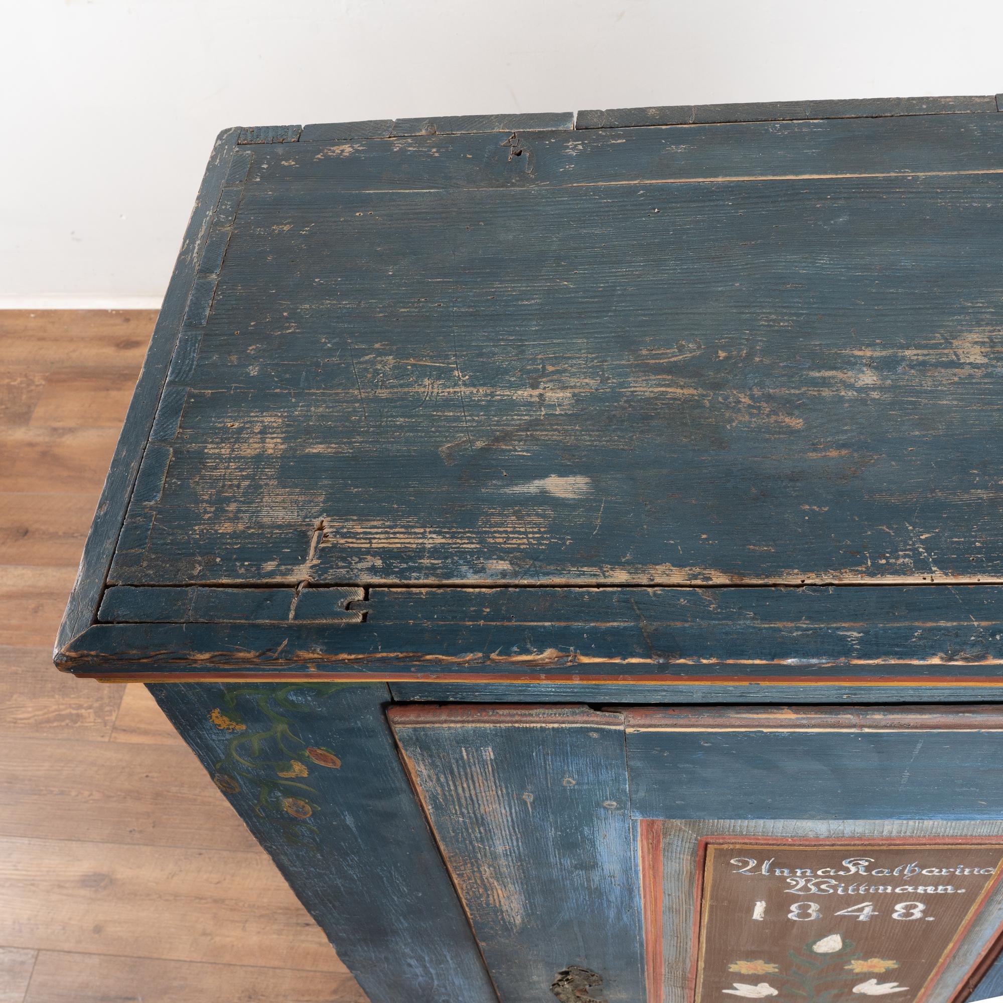19th Century Original Blue Painted Pine Cupboard Dated 1848 For Sale