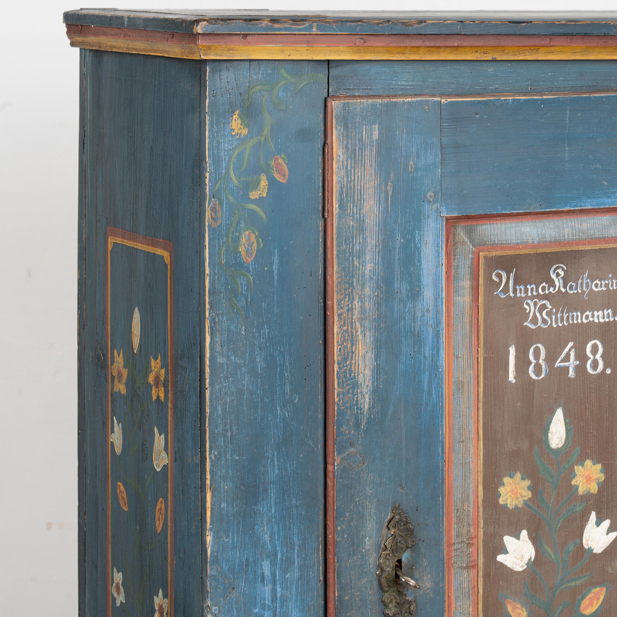 Original Blue Painted Pine Cupboard Dated 1848 For Sale 2