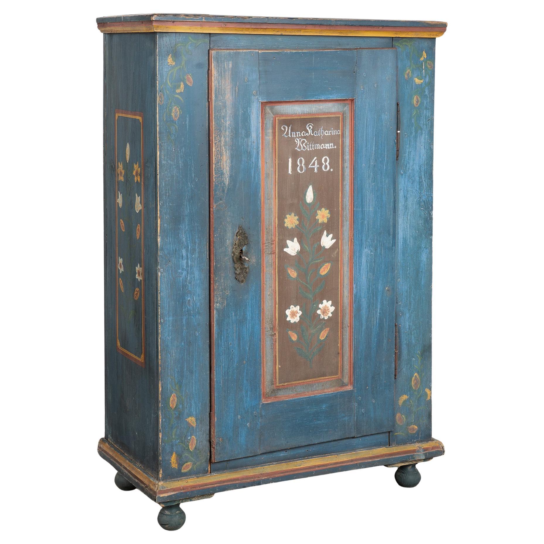 Original Blue Painted Pine Cupboard Dated 1848 For Sale