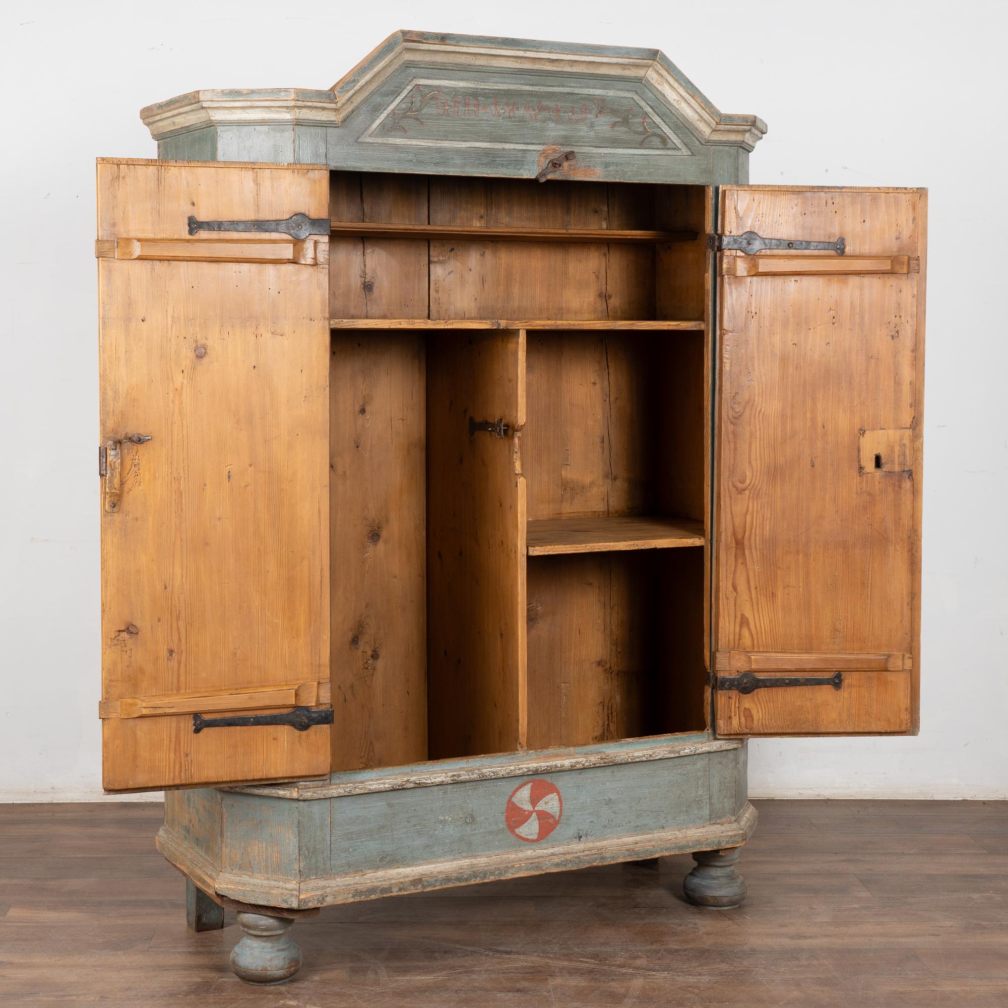 Folk Art Original Blue Painted Pine Two Door Armoire dated 1810 For Sale