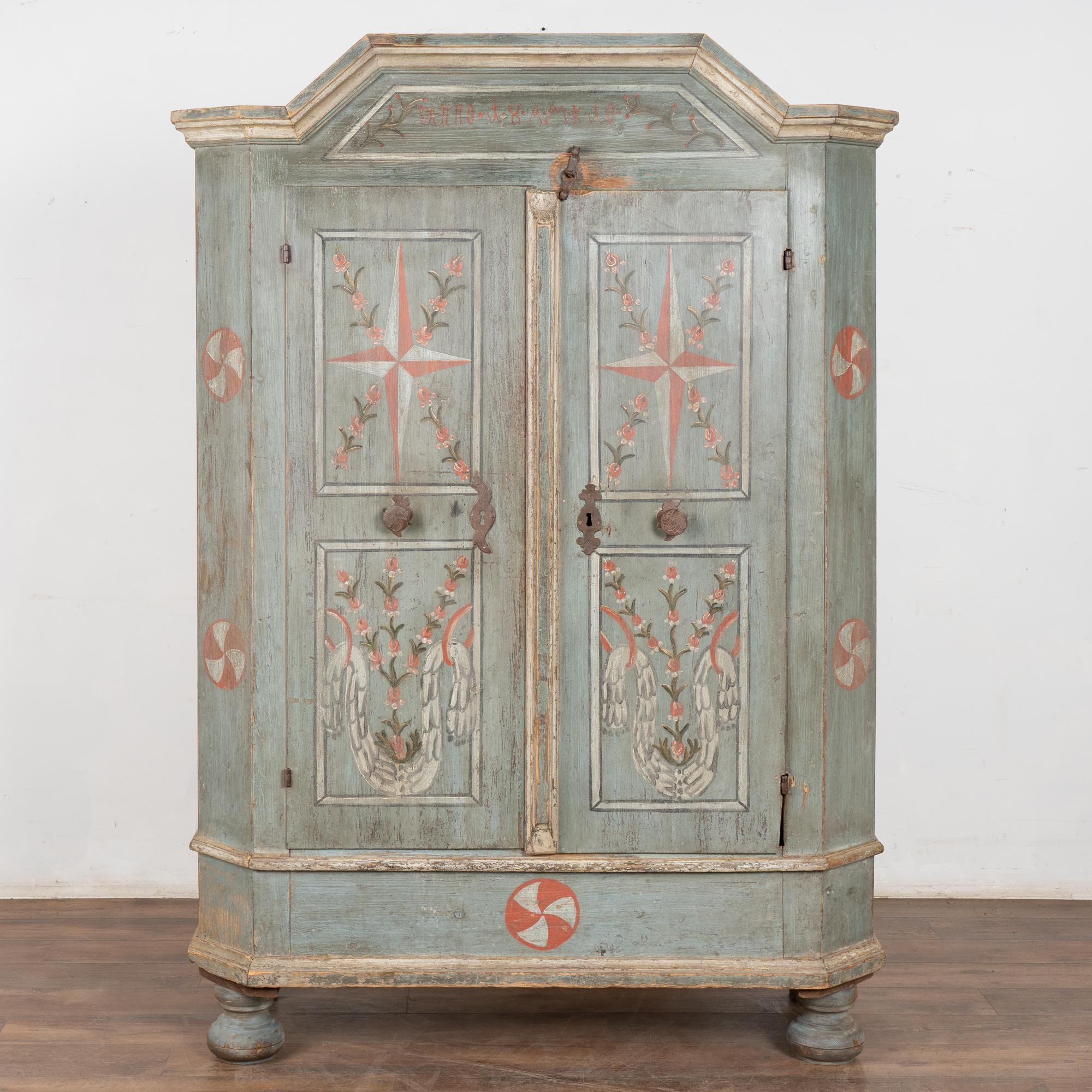 Hungarian Original Blue Painted Pine Two Door Armoire dated 1810 For Sale