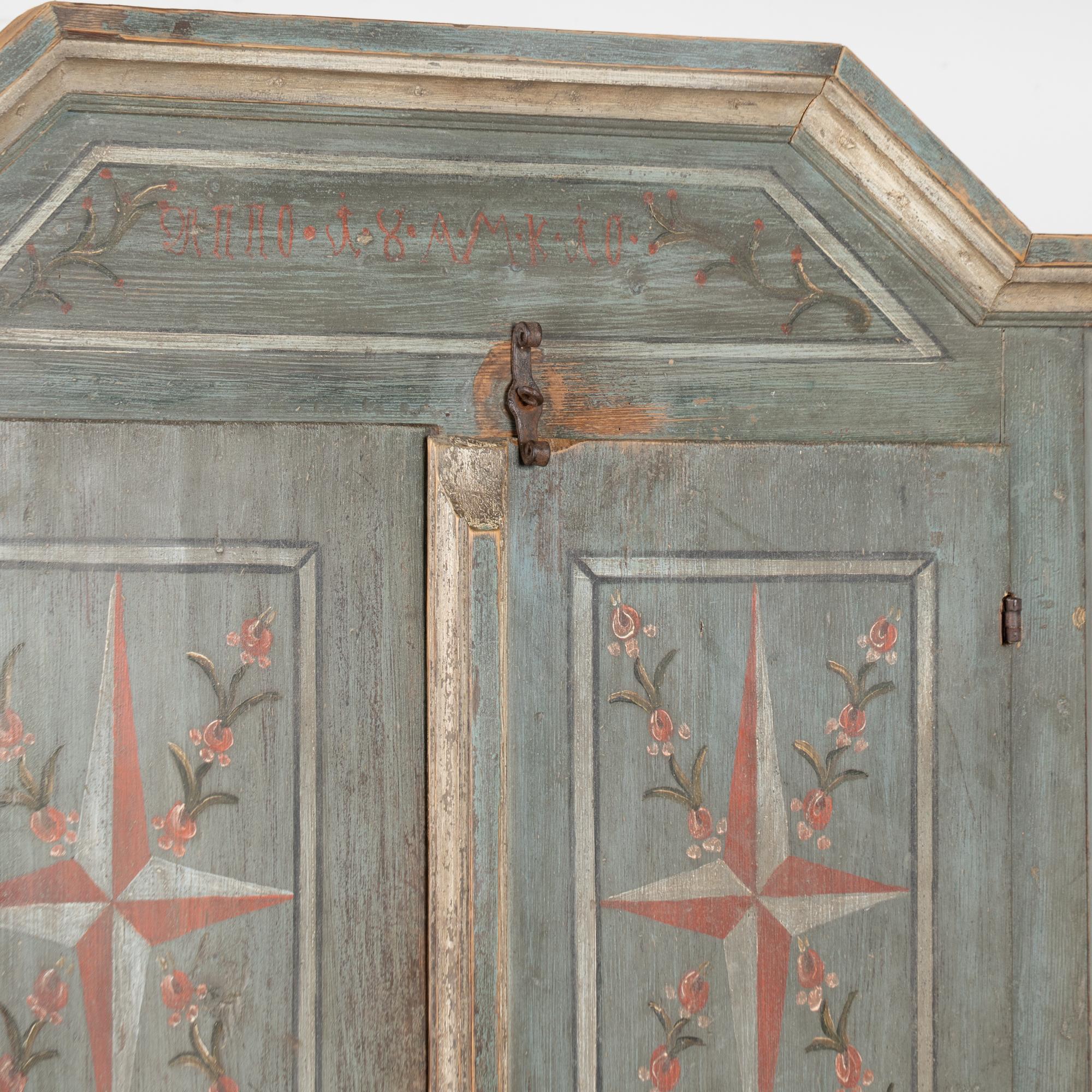 Original Blue Painted Pine Two Door Armoire dated 1810 In Good Condition For Sale In Round Top, TX