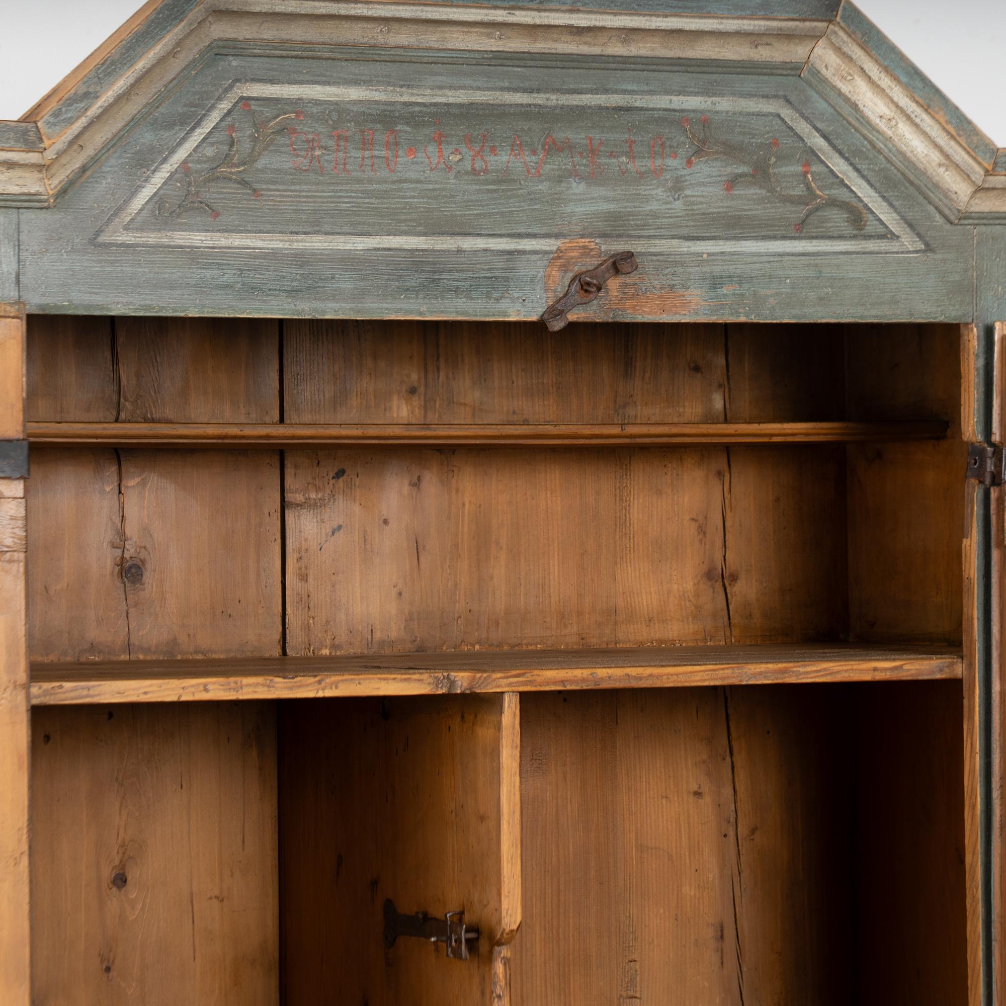19th Century Original Blue Painted Pine Two Door Armoire dated 1810 For Sale
